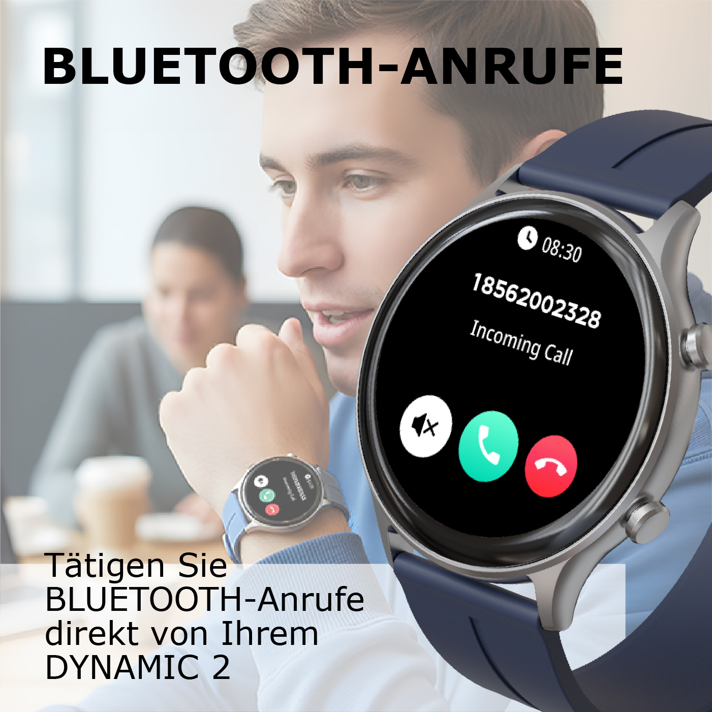 Mann mit Smartwatch, die einen Bluetooth-Anruf anzeigt. Hintergrund unscharf.