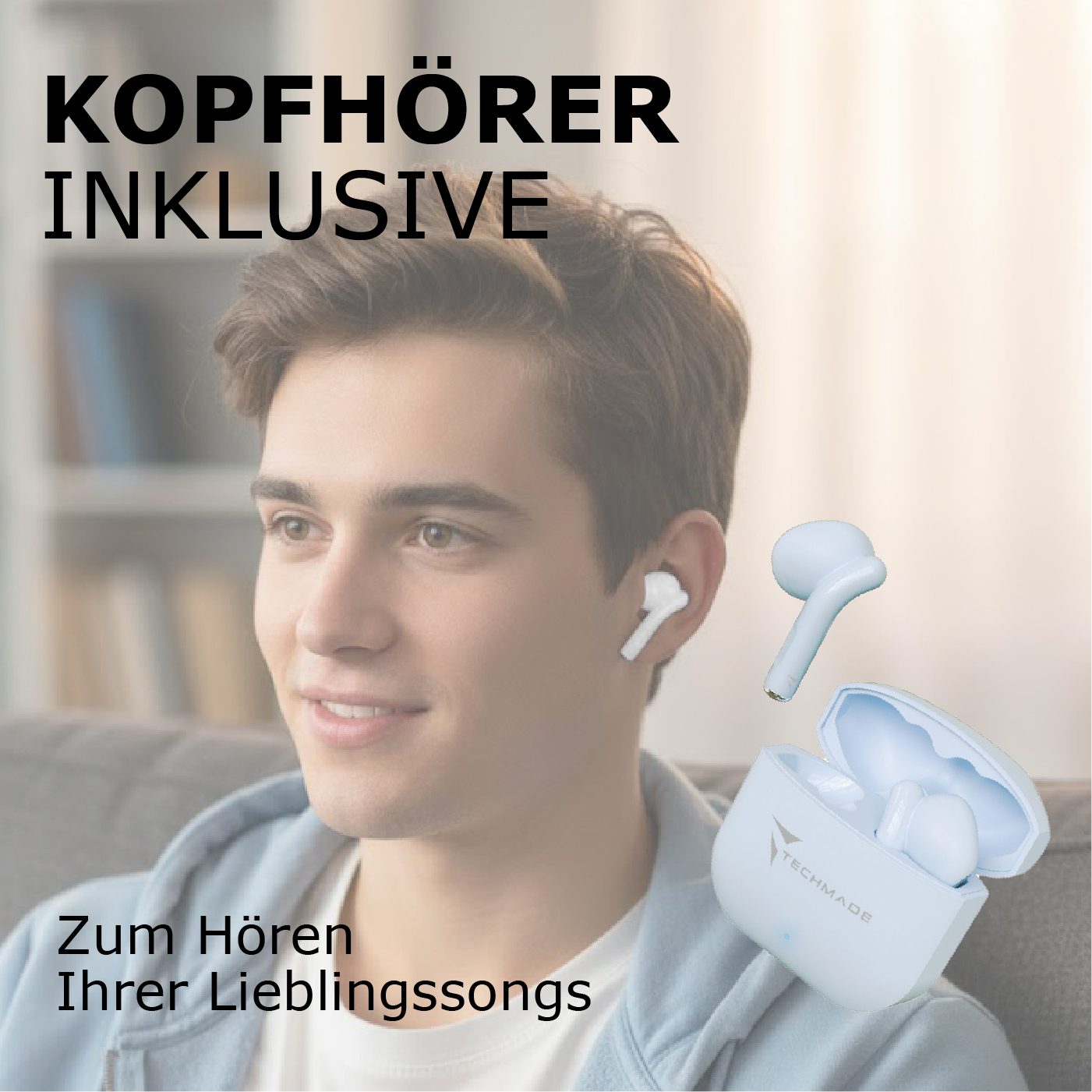 Ein junger Mann trägt weiße Kopfhörer. Ein Ladecase mit Kopfhörern ist daneben.