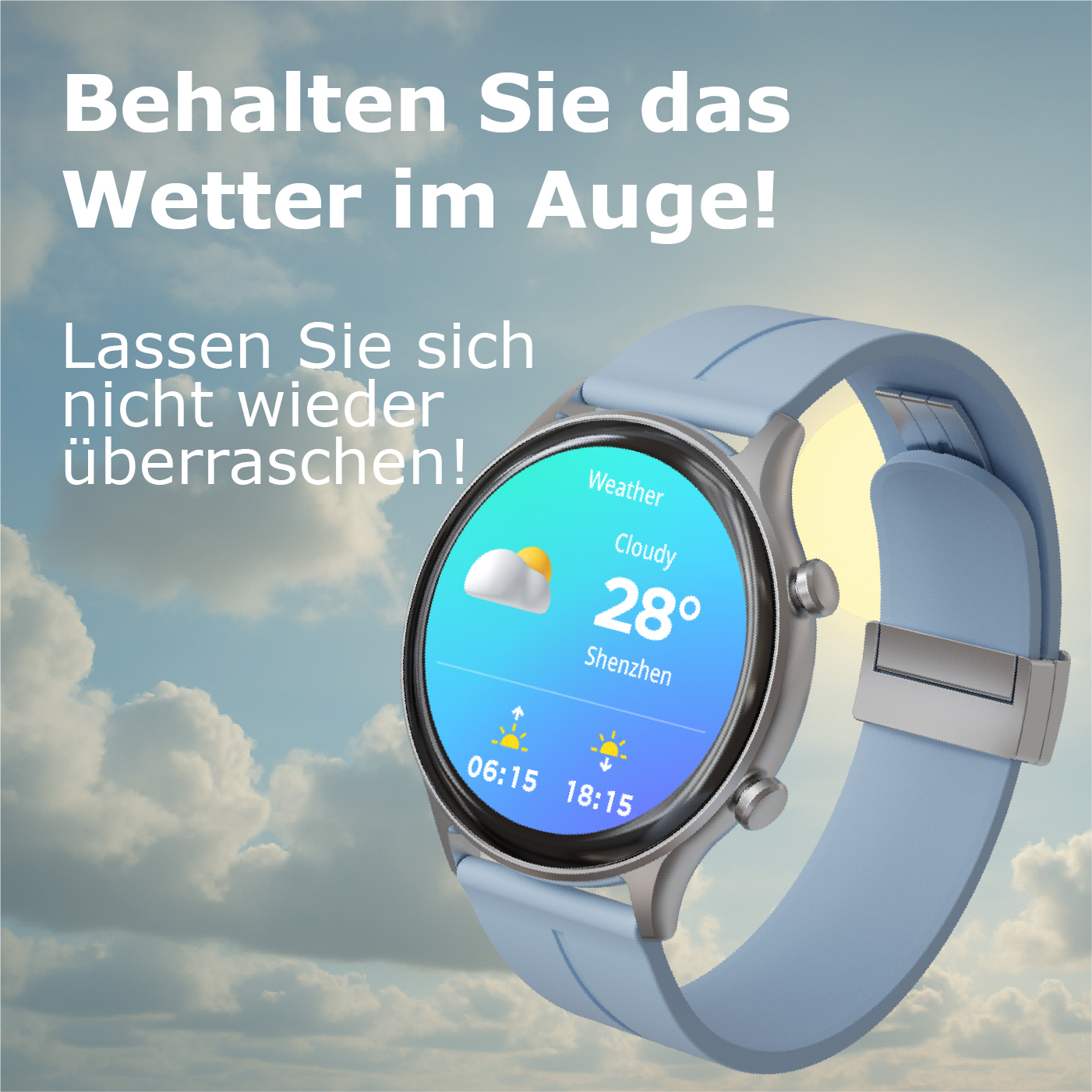 Eine Smartwatch zeigt das Wetter in Shenzhen, 28 Grad, bedeckt.