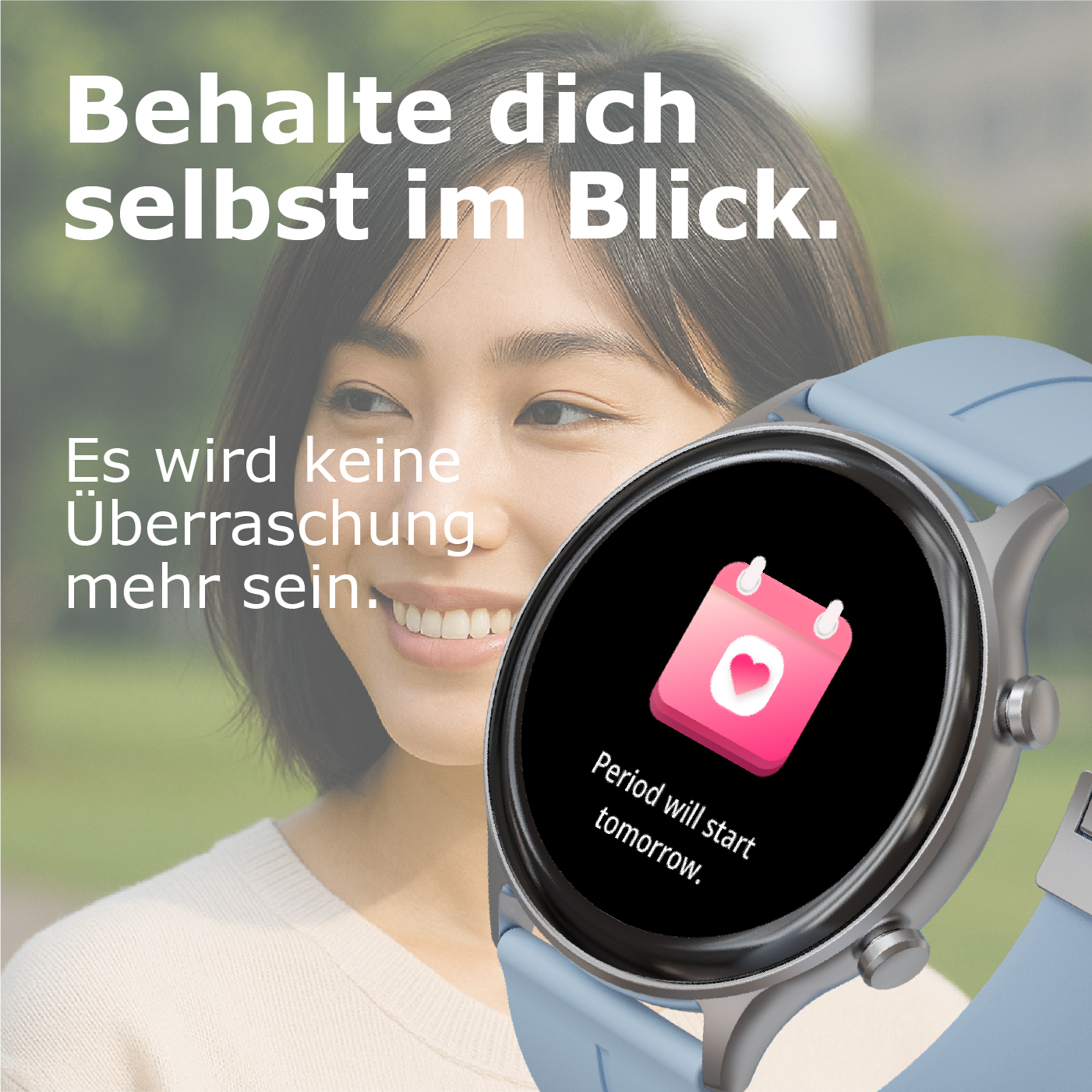 Eine Frau blickt auf ihre Smartwatch, die eine Menstruationserinnerung anzeigt.