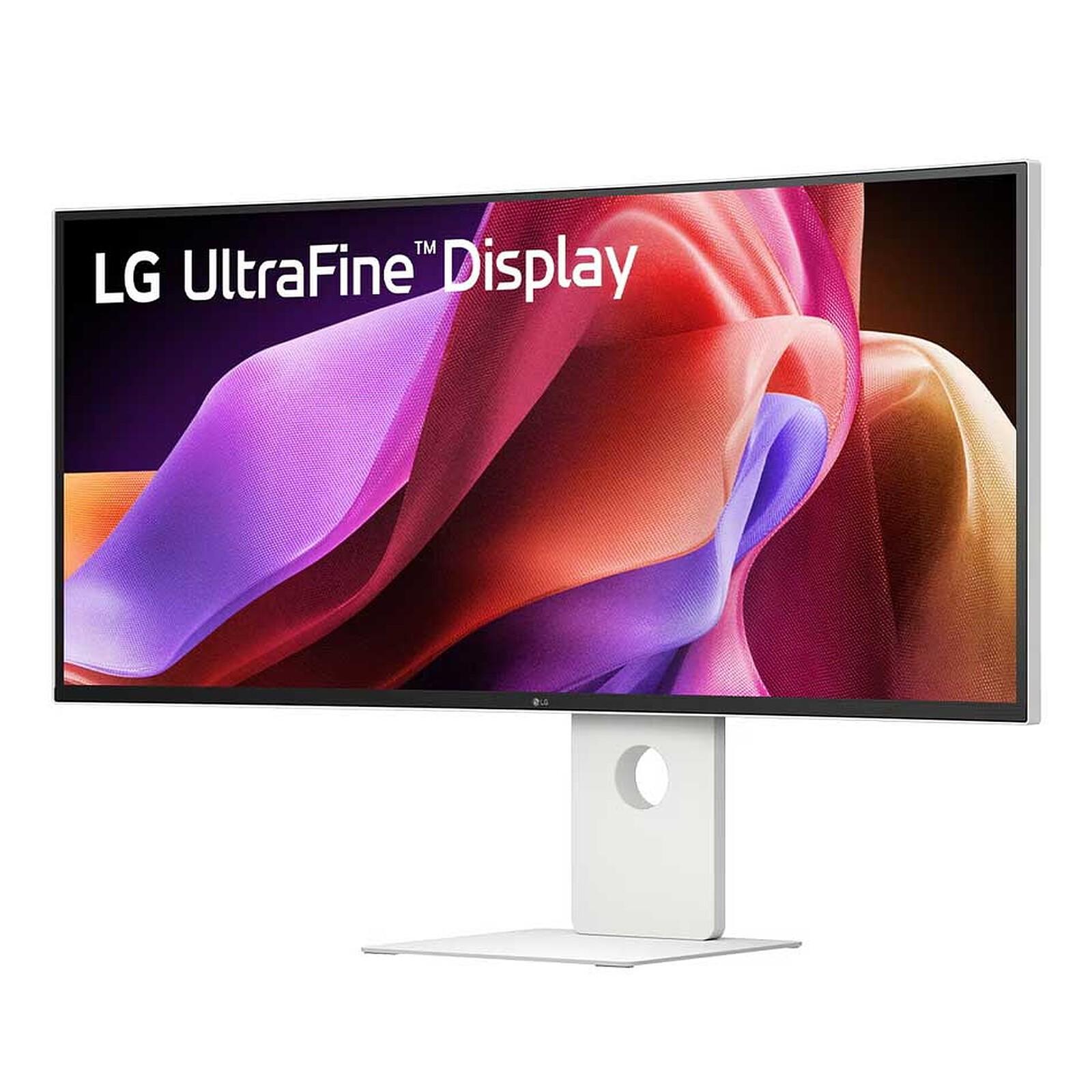 Ein LG UltraFine Monitor mit einem abstrakten, bunten Hintergrund steht auf einem weißen Ständer.