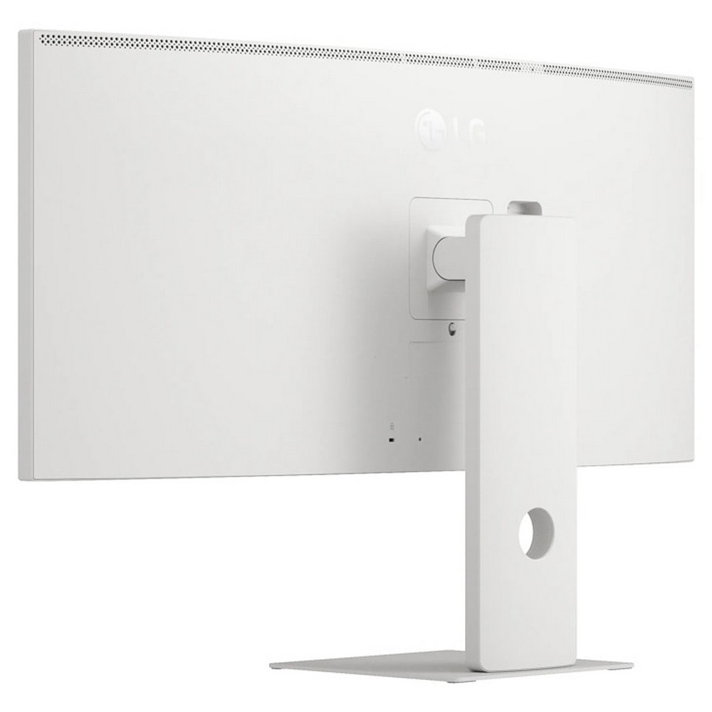 Rückseite eines weißen LG Monitors mit Standfuß und Loch.