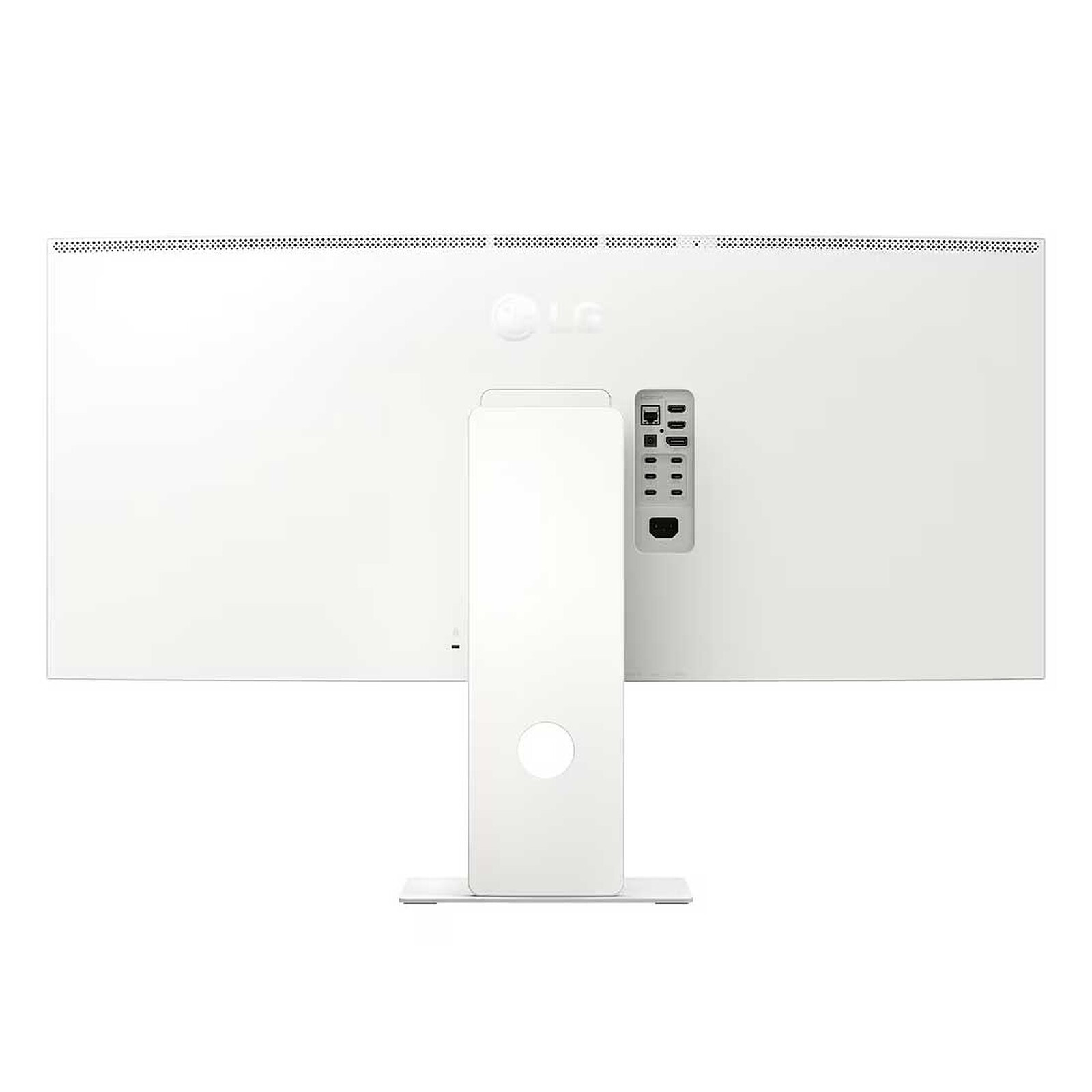 Rückseite eines weißen LG Monitors mit Anschlüssen und Standfuß.