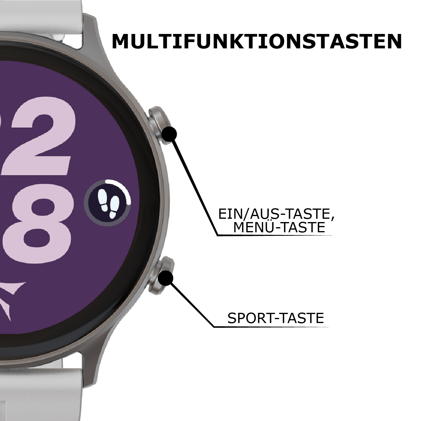 Smartwatch mit lila Zifferblatt, Ziffern 2 und 8, und zwei Tasten.