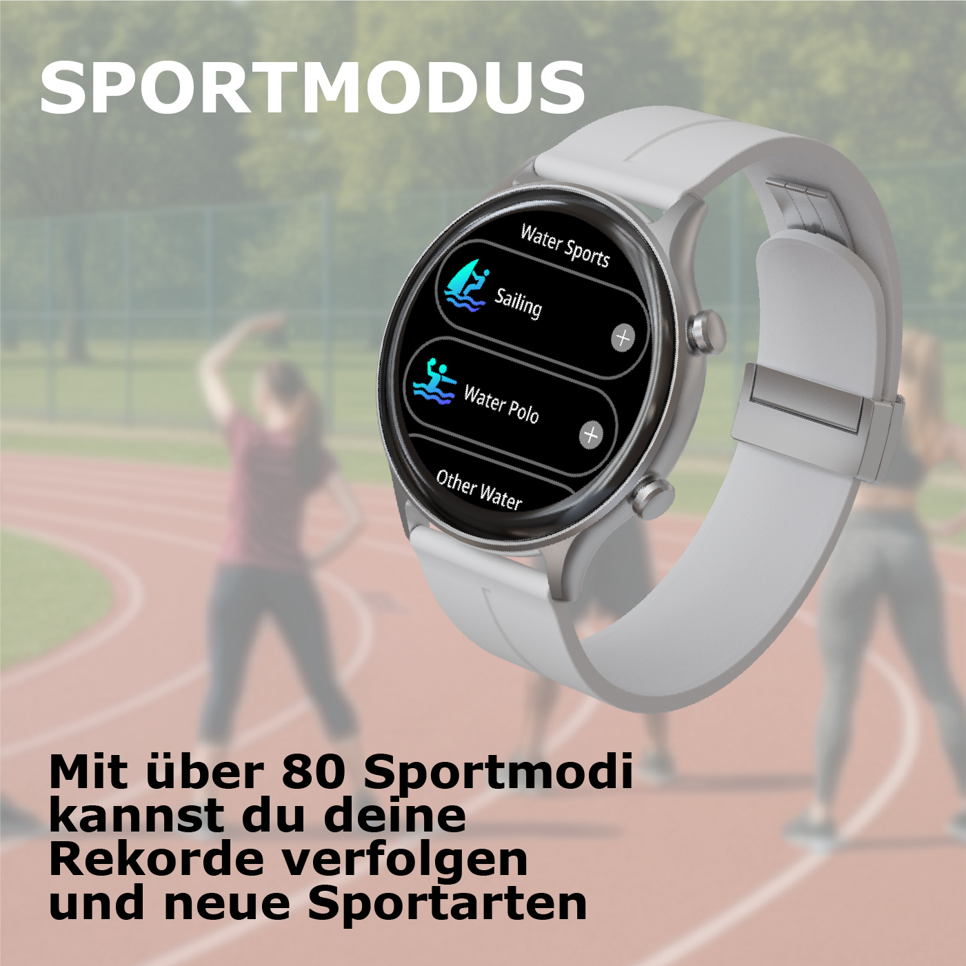 Eine Smartwatch zeigt Sportmodi wie Segeln und Wasserball auf einem Laufband.