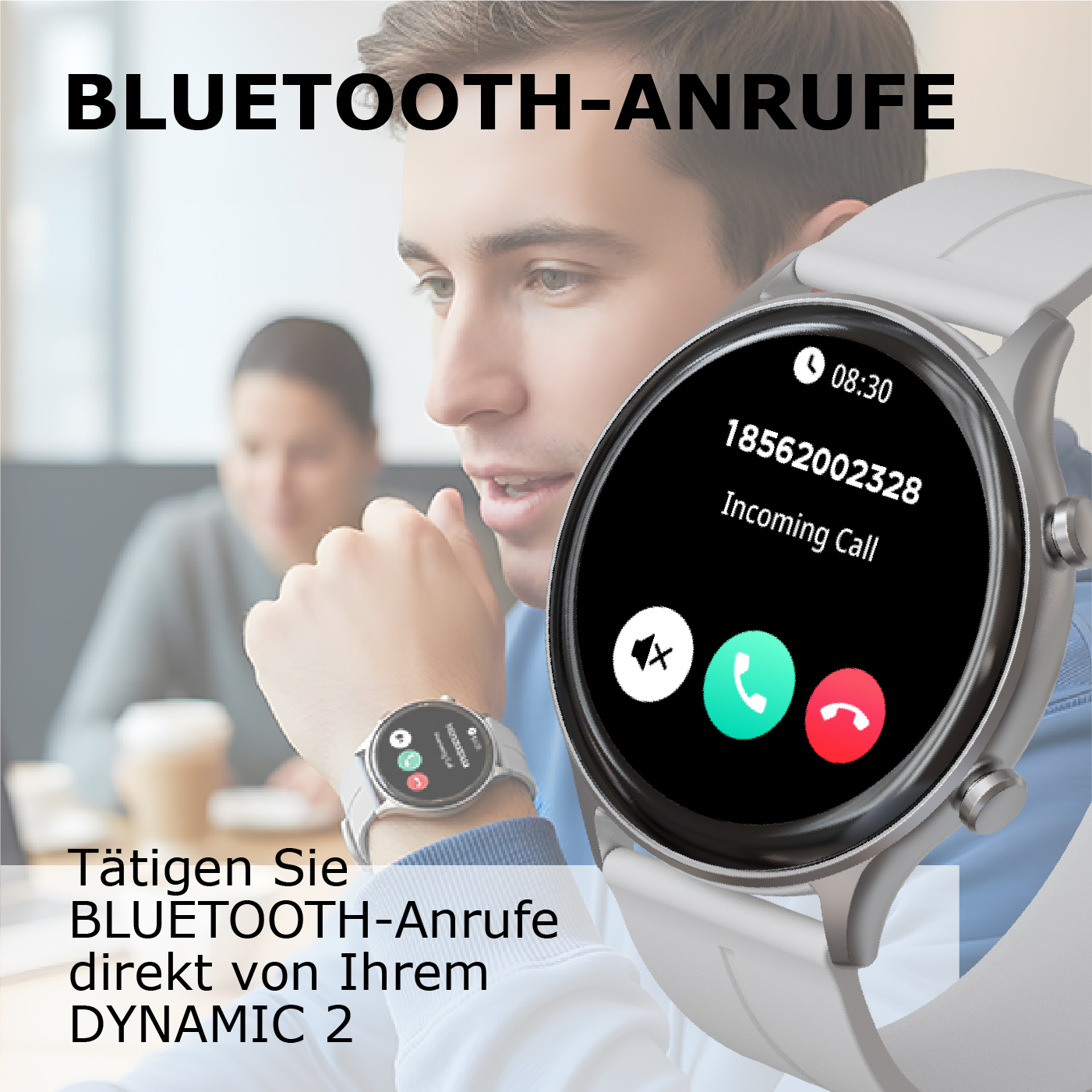 Ein Mann trägt eine Smartwatch, die einen eingehenden Anruf anzeigt.