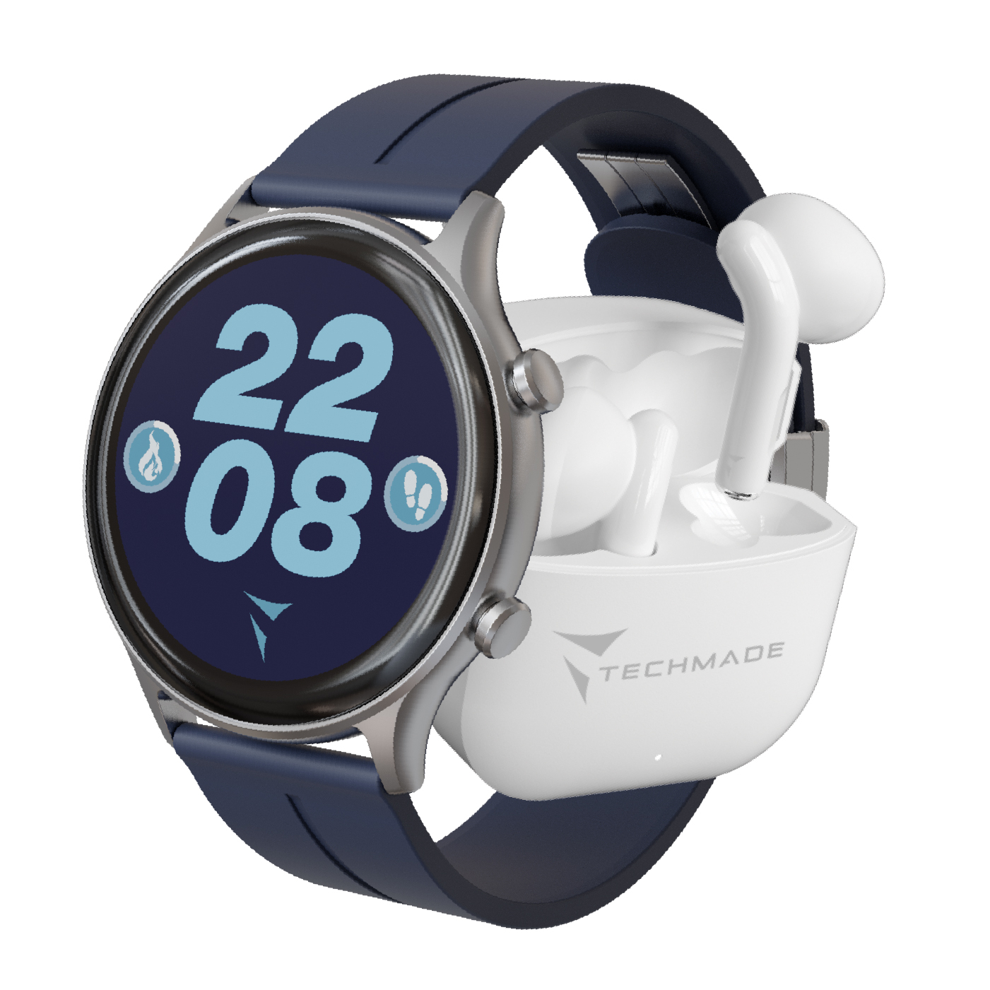 Eine Smartwatch mit blauem Band und weißen Ohrhörern im Ladecase.