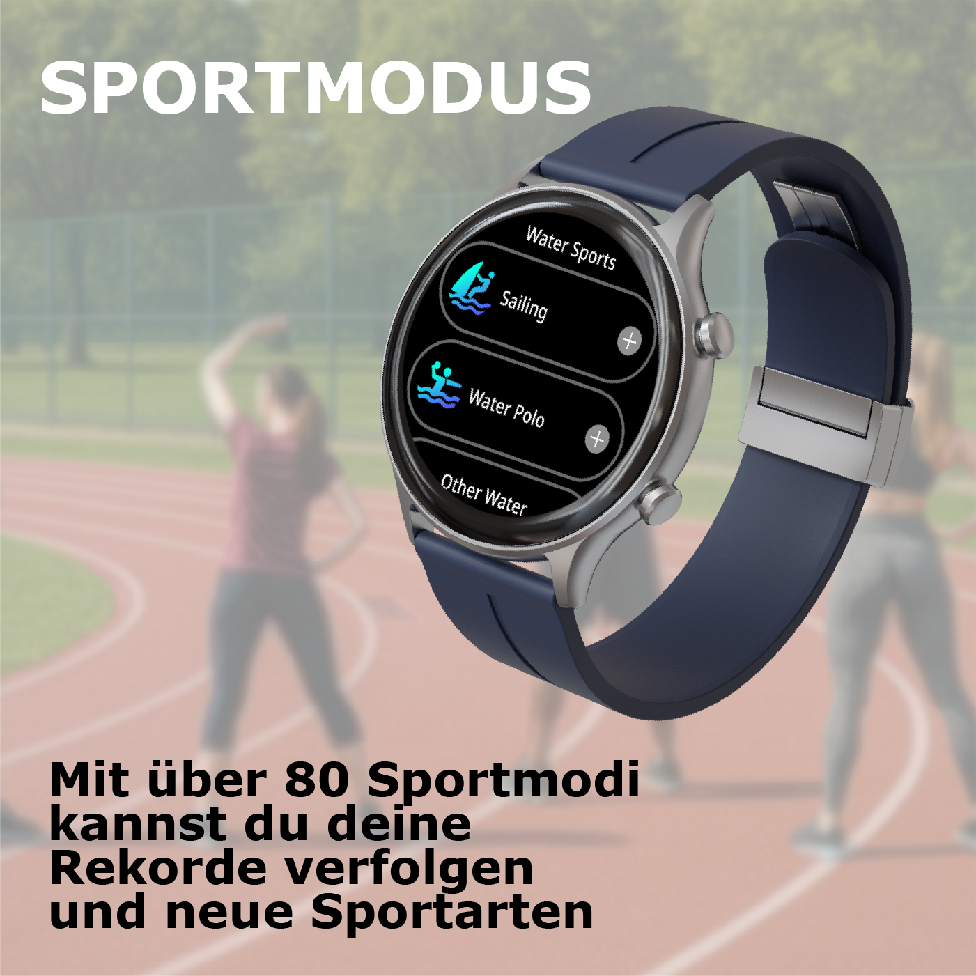 Eine Smartwatch mit Sportmodi wie Segeln und Wasserball auf dem Display.
