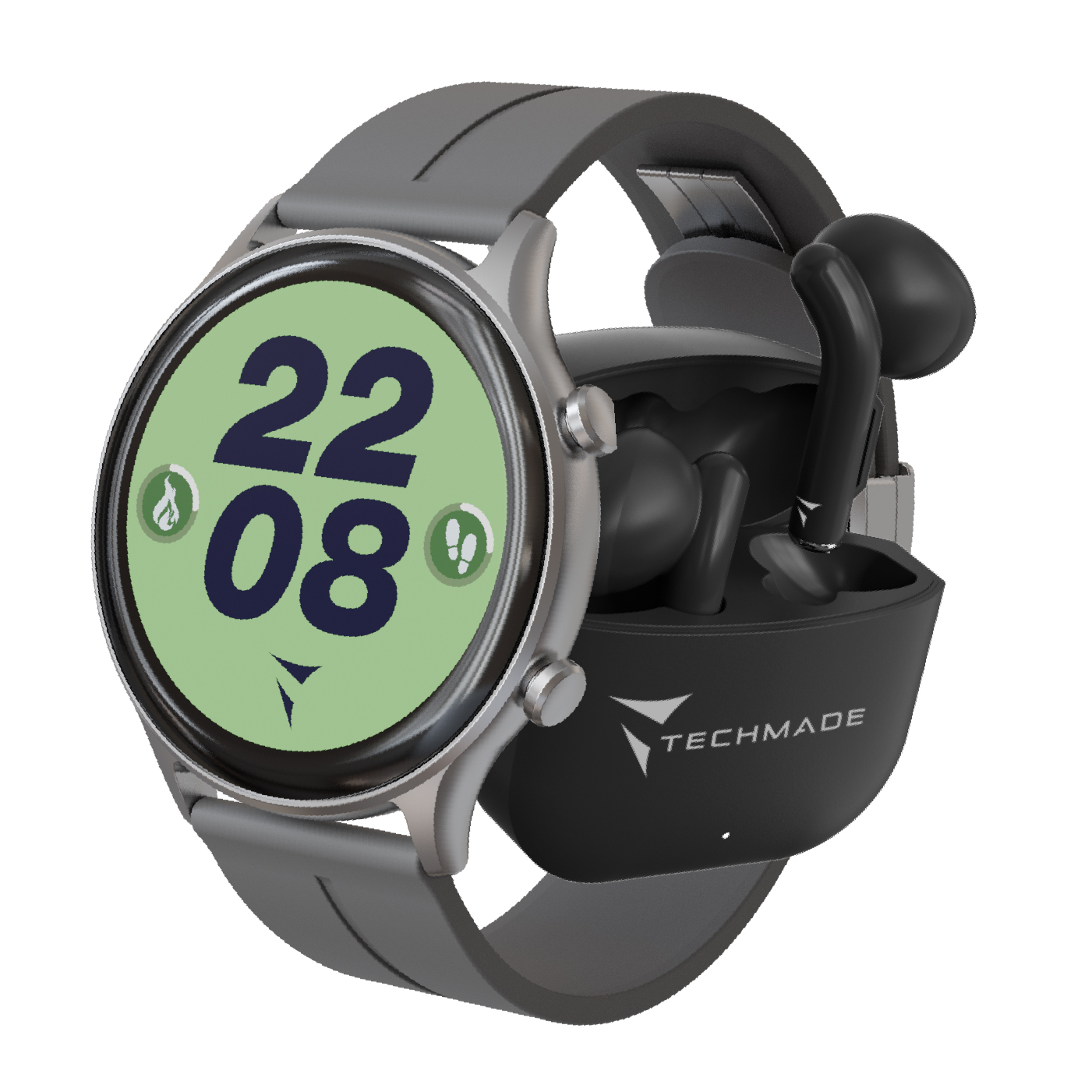Graue Smartwatch mit schwarzem Ladecase und Ohrhörern. Zeit 22:08.