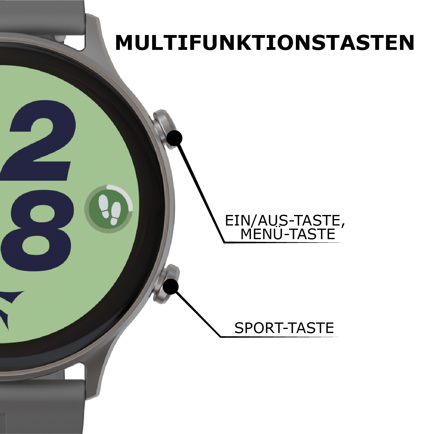 Nahaufnahme einer Smartwatch mit großer Ziffer 28 und Fußgänger-Symbol.