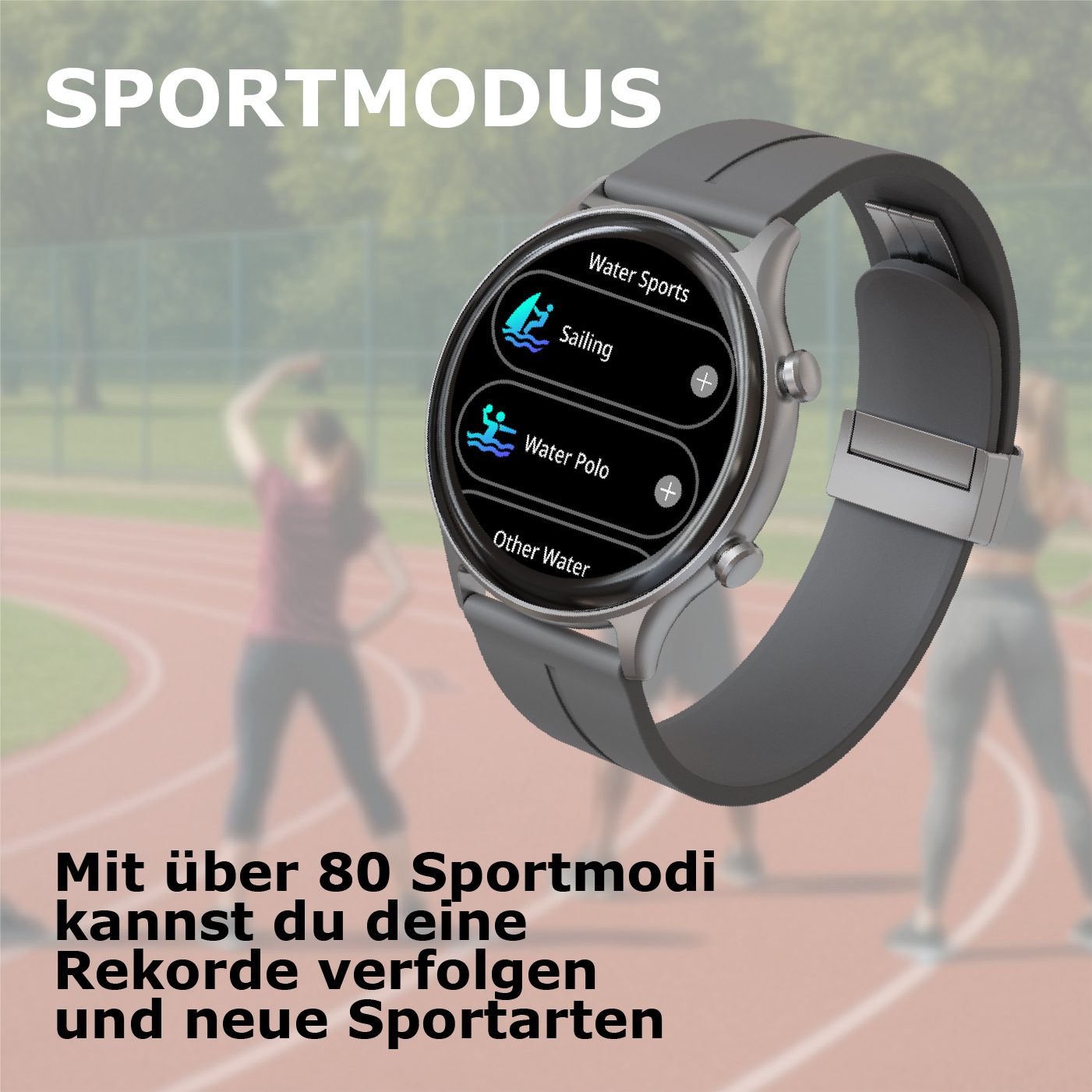 Graue Smartwatch zeigt Sportmodi wie Segeln und Wasserball auf dem Bildschirm.