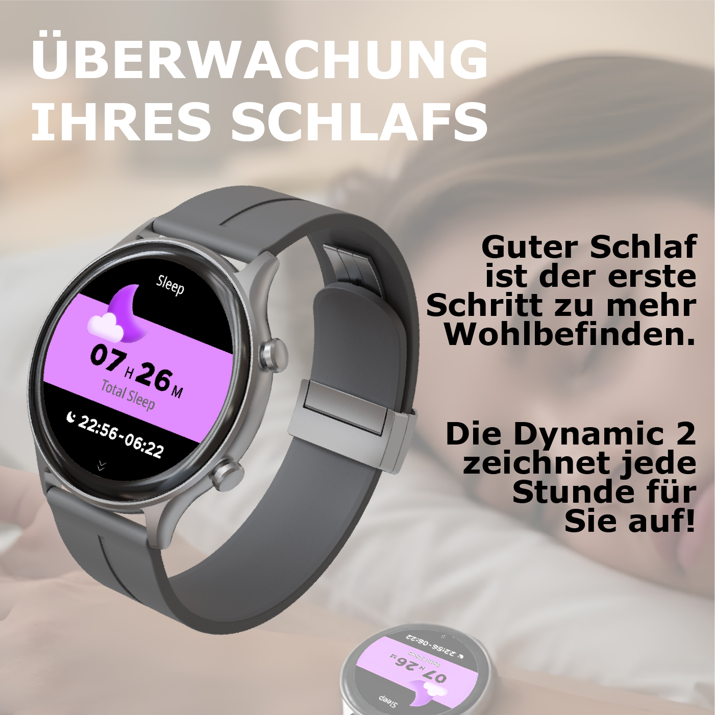 Graue Smartwatch zeigt 7h 26m Schlaf an. Text: Schlafüberwachung.