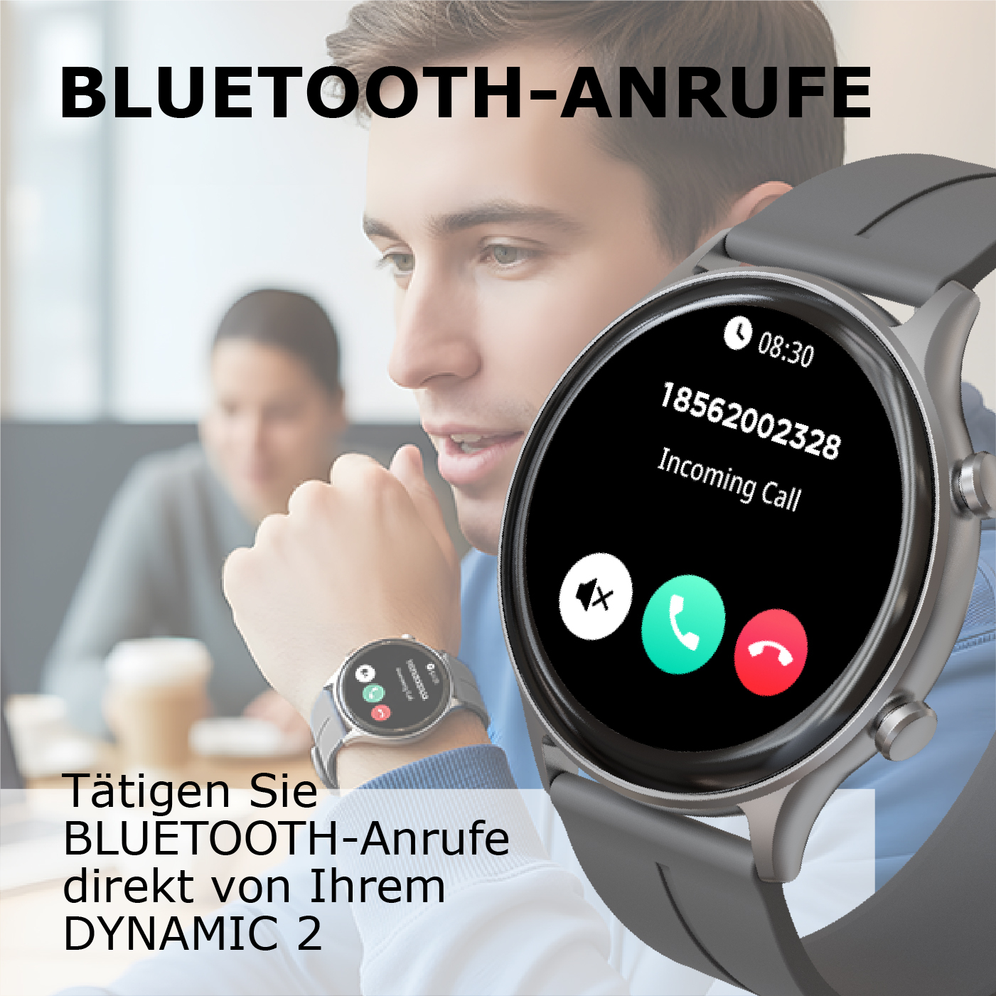 Mann mit Smartwatch, die einen eingehenden Anruf zeigt. Text: BLUETOOTH-ANRUFE.