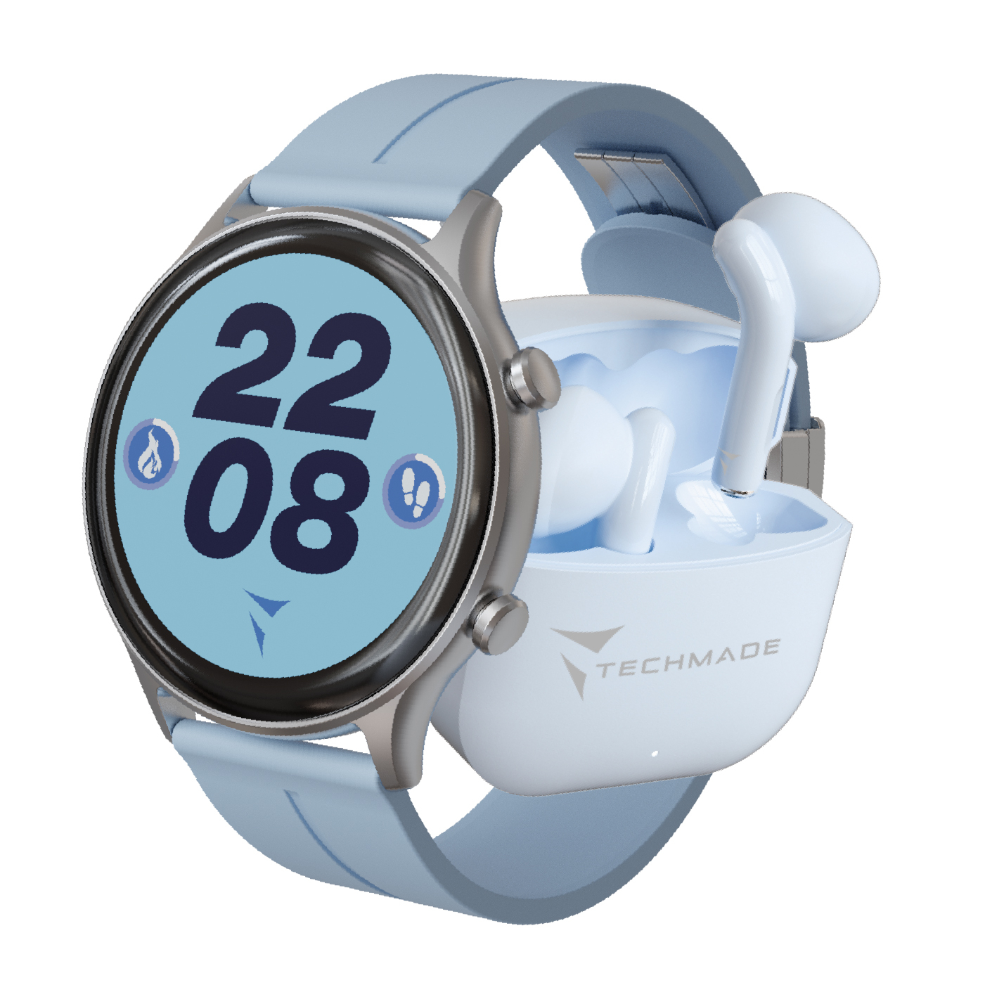 Eine hellblaue Smartwatch mit einem Ladecase und weißen Ohrhörern.