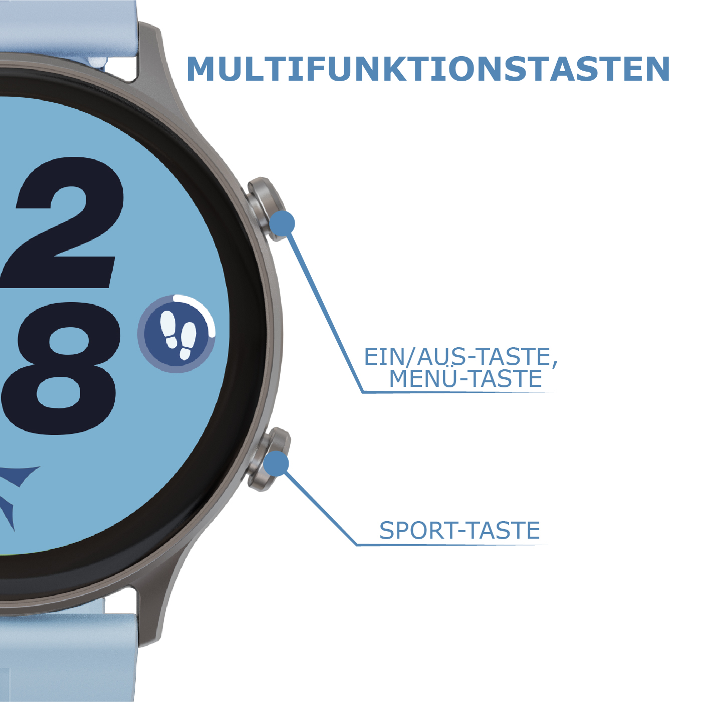 Smartwatch mit blauem Armband, großer Ziffer 28 und Schrittsymbol.