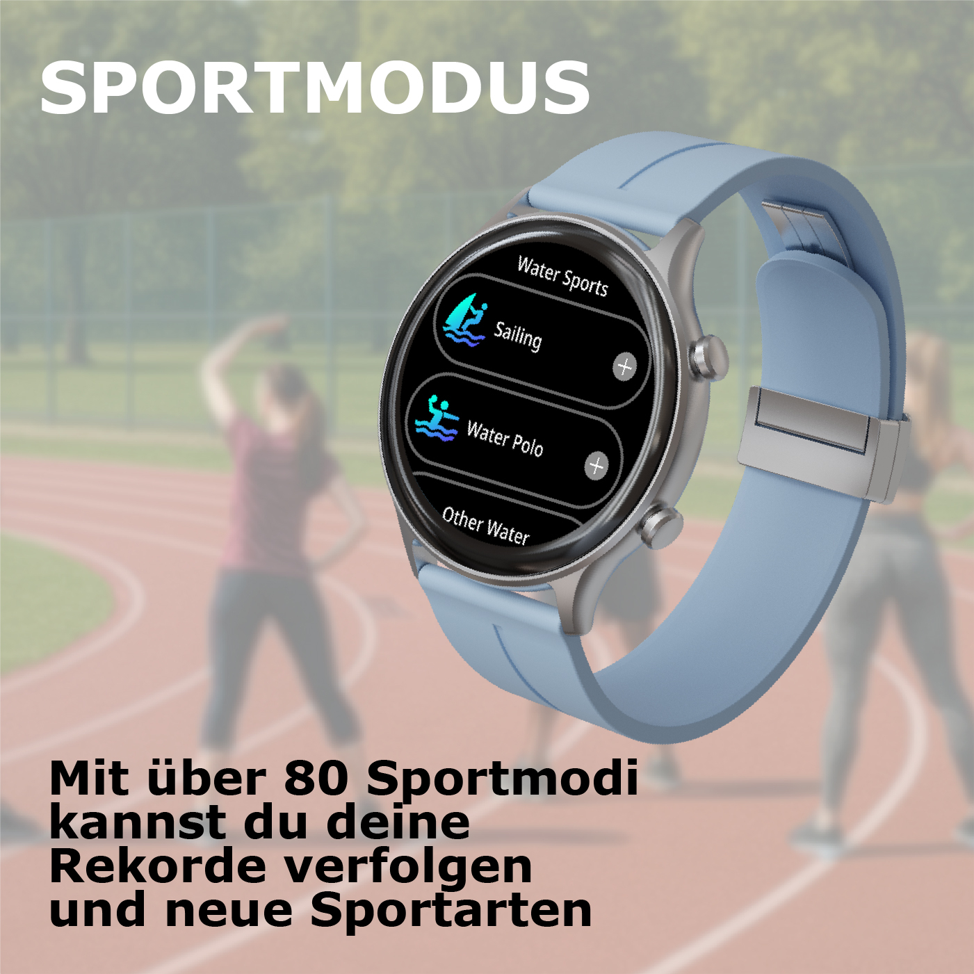 Eine blaue Smartwatch zeigt Sportmodi wie Segeln und Wasserball auf einem Laufband.