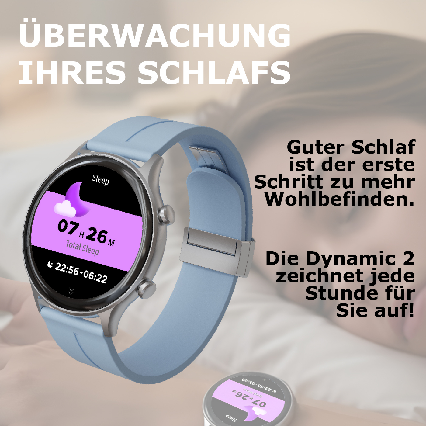 Eine hellblaue Smartwatch zeigt Schlafdaten: 7h 26m Gesamtschlaf.