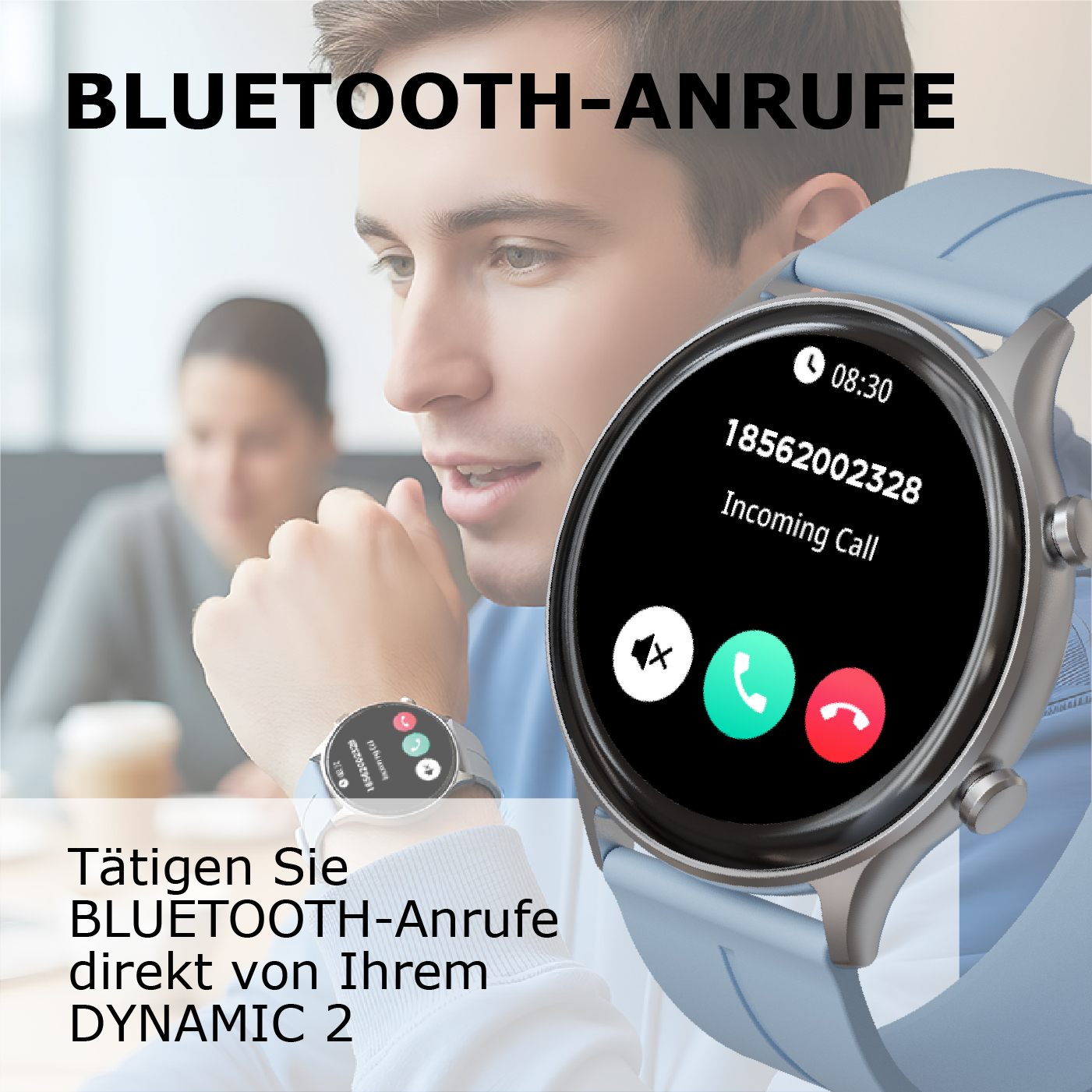 Mann mit blauem Armband Smartwatch zeigt eingehenden Anruf.