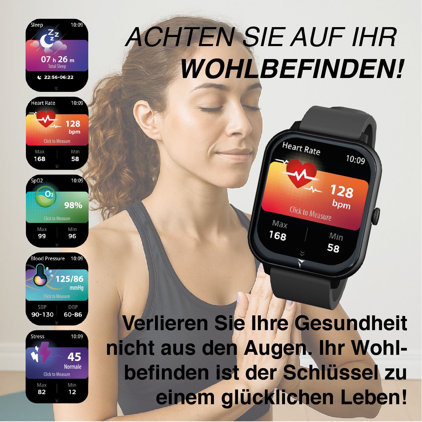 Donna con occhi chiusi indossa uno smartwatch che mostra dati sanitari.