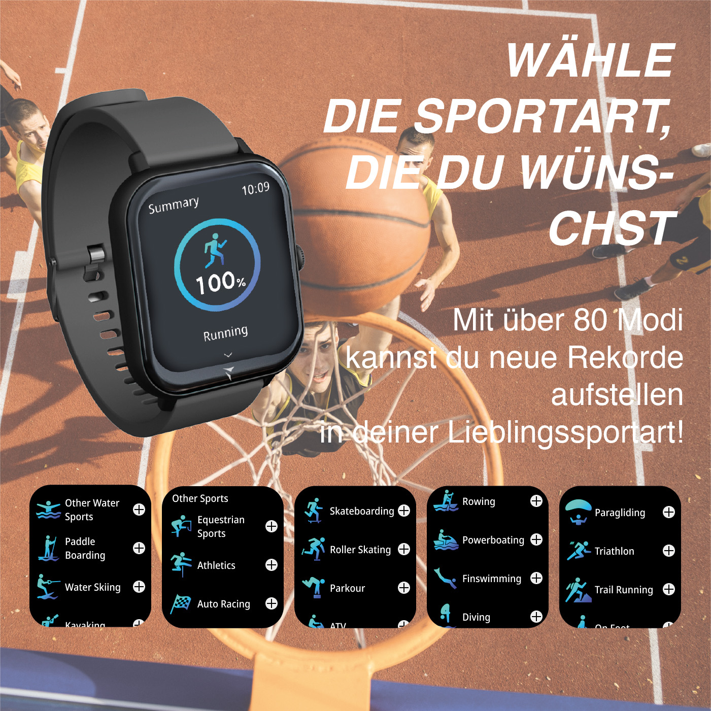 Smartwatch che mostra modalità sportive, pallacanestro sullo sfondo.