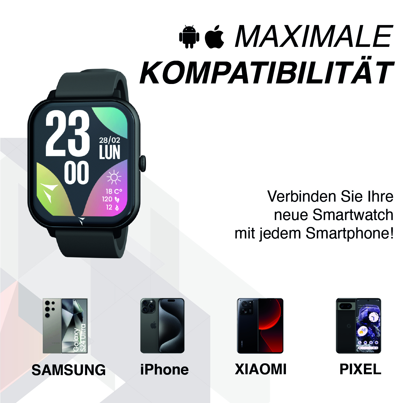 Smartwatch con loghi Android e Apple, esempi di telefoni Samsung, iPhone, Xiaomi, Pixel.