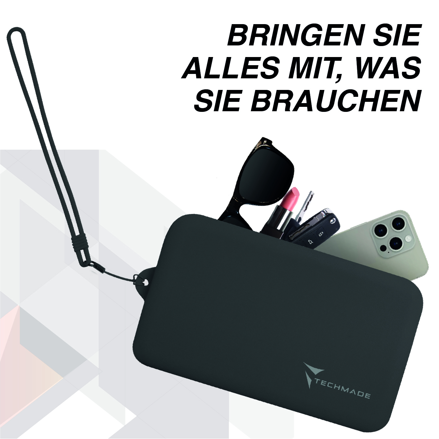 Schwarze Tasche mit Handy, Lippenstift, Sonnenbrille und Schlüssel.
