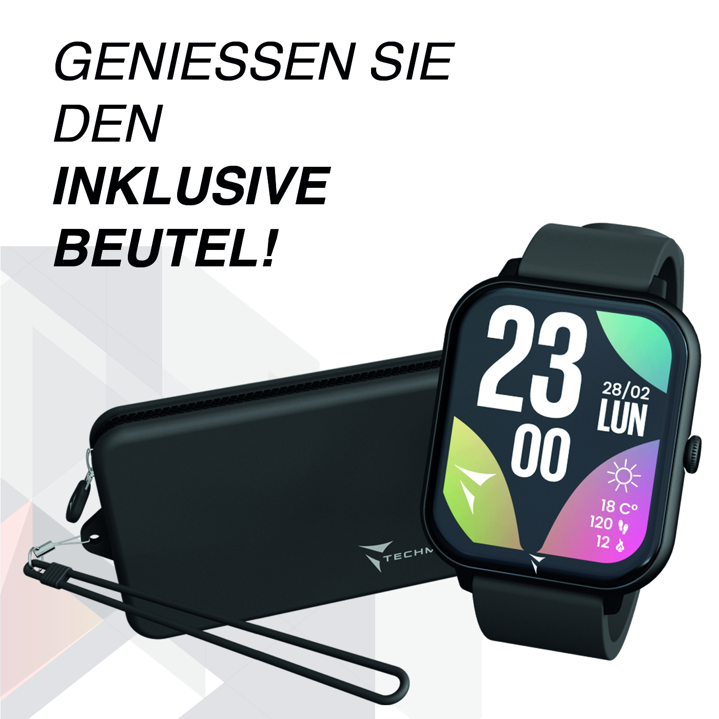 Borsa nera e smartwatch con display tedesco. Testo: Goditi la borsa inclusa!