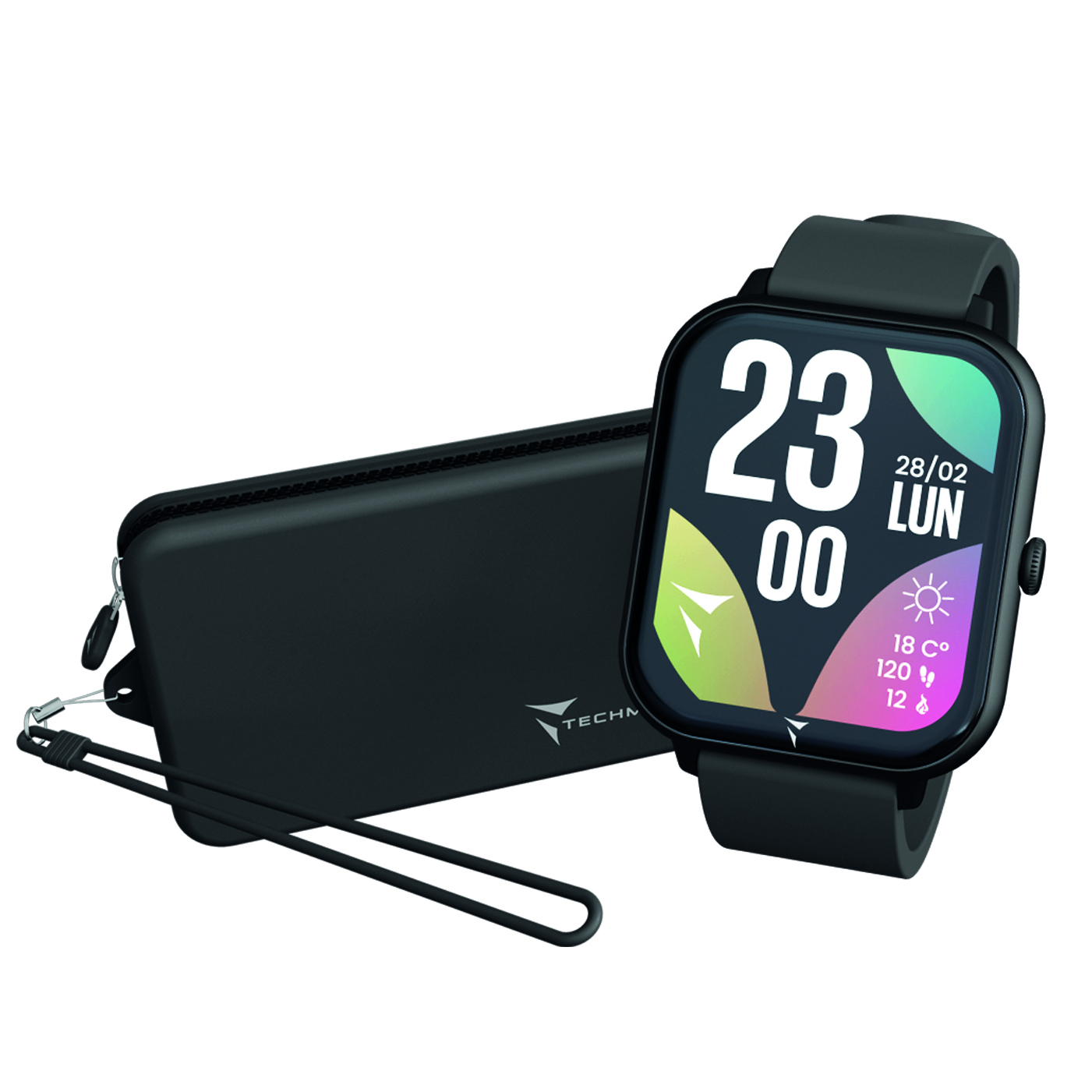 Smartwatch nero con cinturino e custodia nera. Mostra le 23:00.