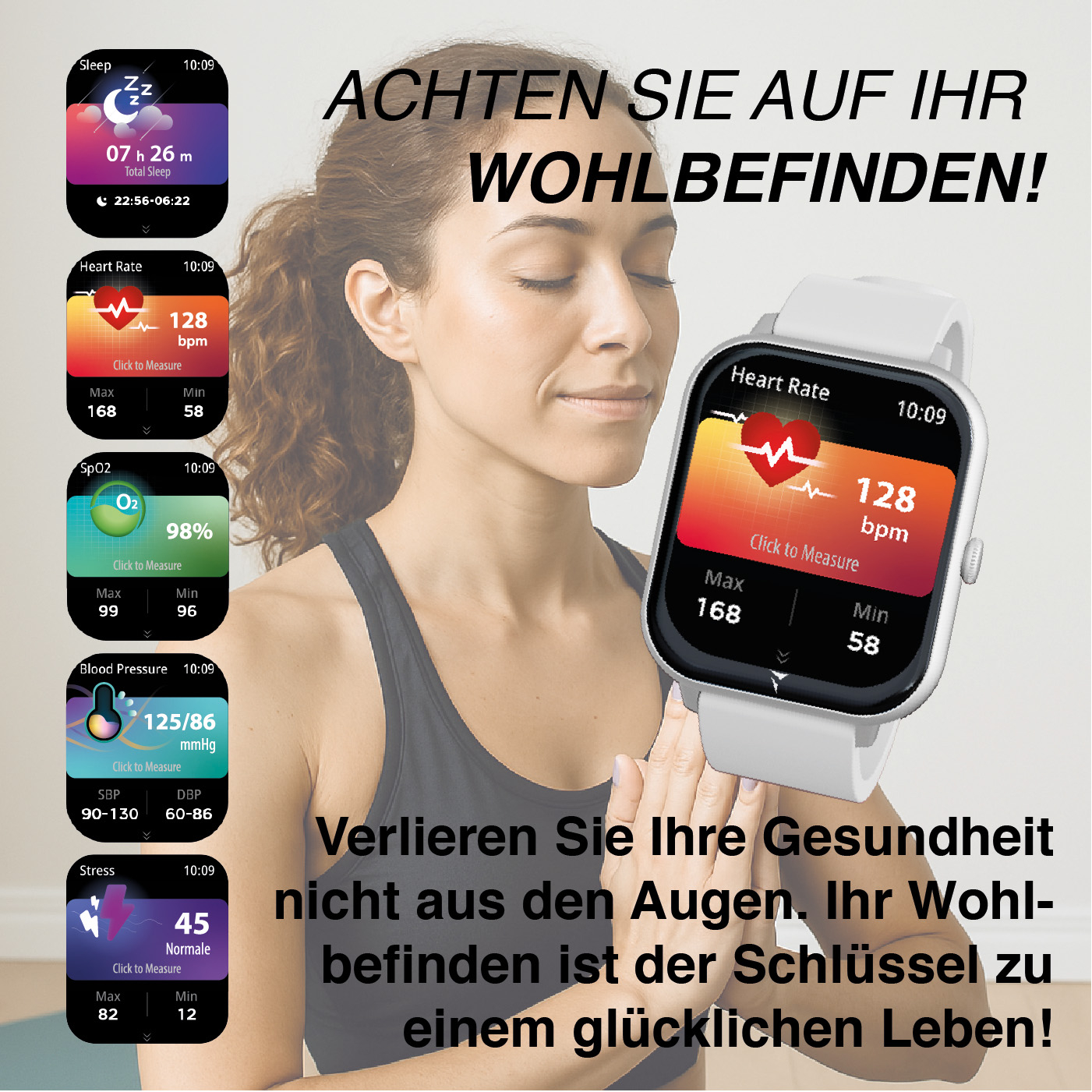 Donna con occhi chiusi indossa smartwatch mostrando statistiche sonno, battito cardiaco, SpO2 e pressione.