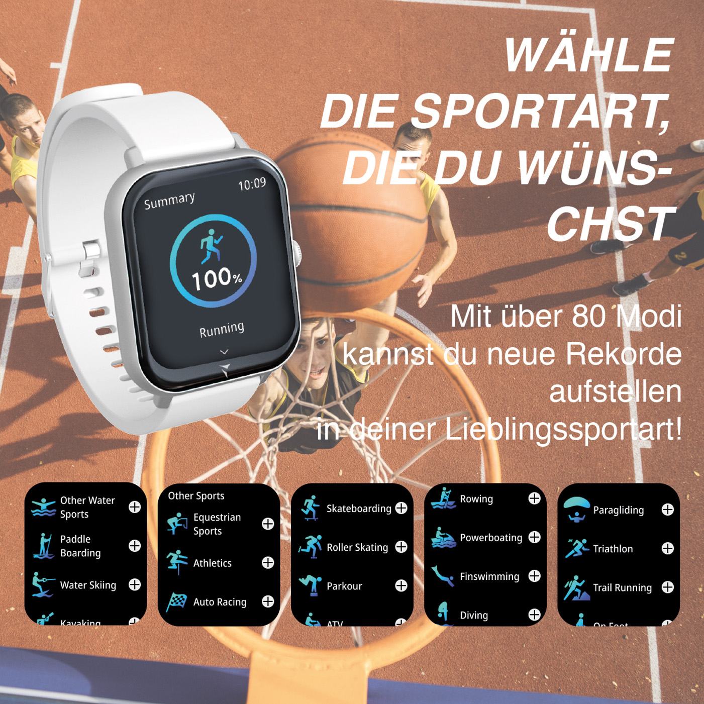 Smartwatch bianca mostra 100% corsa. Campo da basket sullo sfondo.