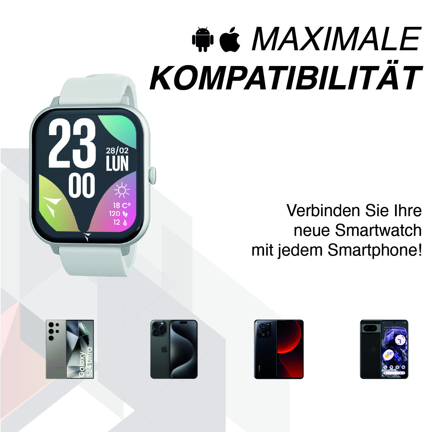 Orologio grigio con loghi Android e Apple. Tre smartphone alla sua sinistra.