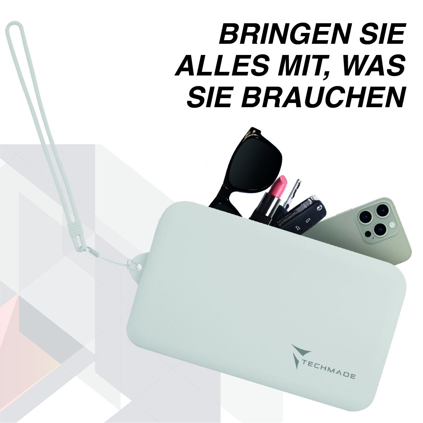 Eine hellblaue Tasche mit Lippenstift, Sonnenbrille, Schlüsseln und Handy.
