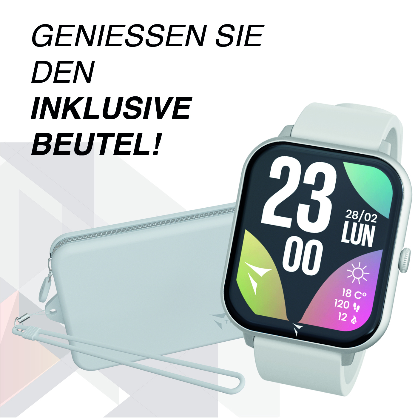 Uno smartwatch bianco con una pochette azzurra accanto. L'orologio mostra le 23:00.