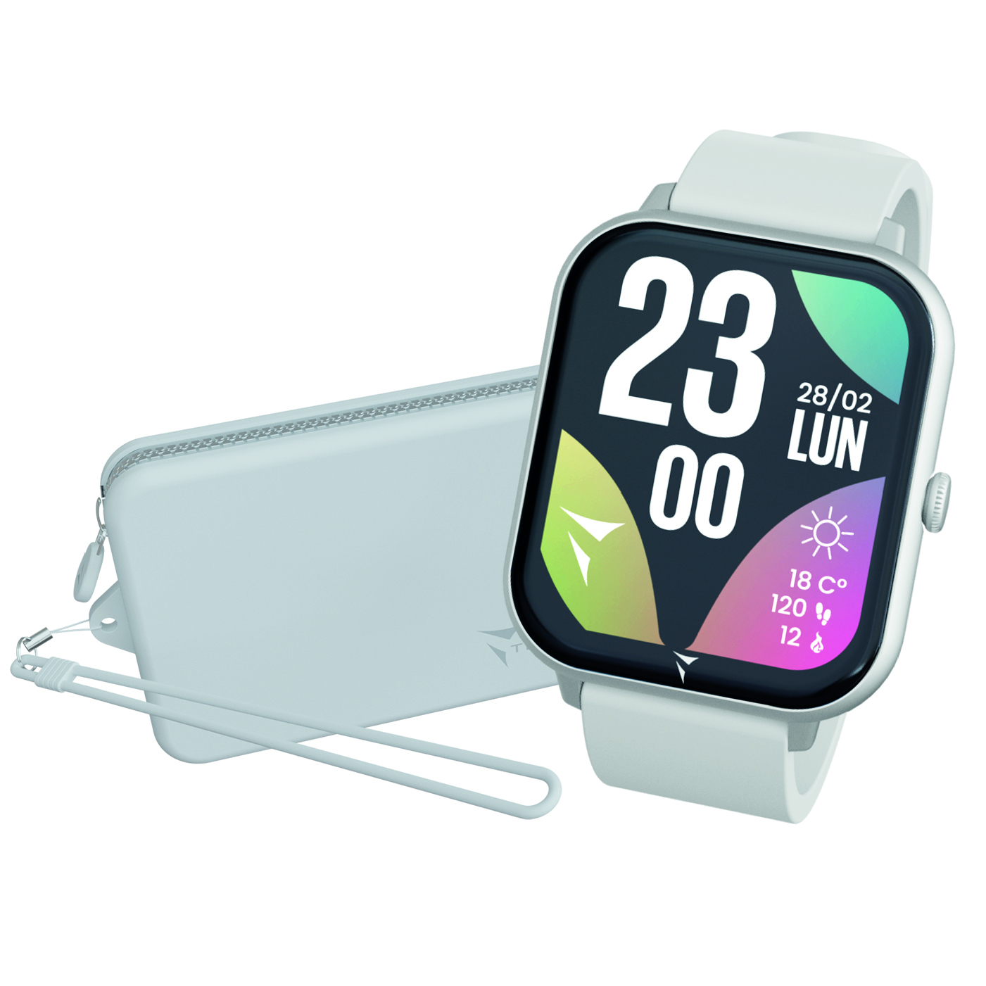 Uno smartwatch bianco con una custodia azzurra accanto.