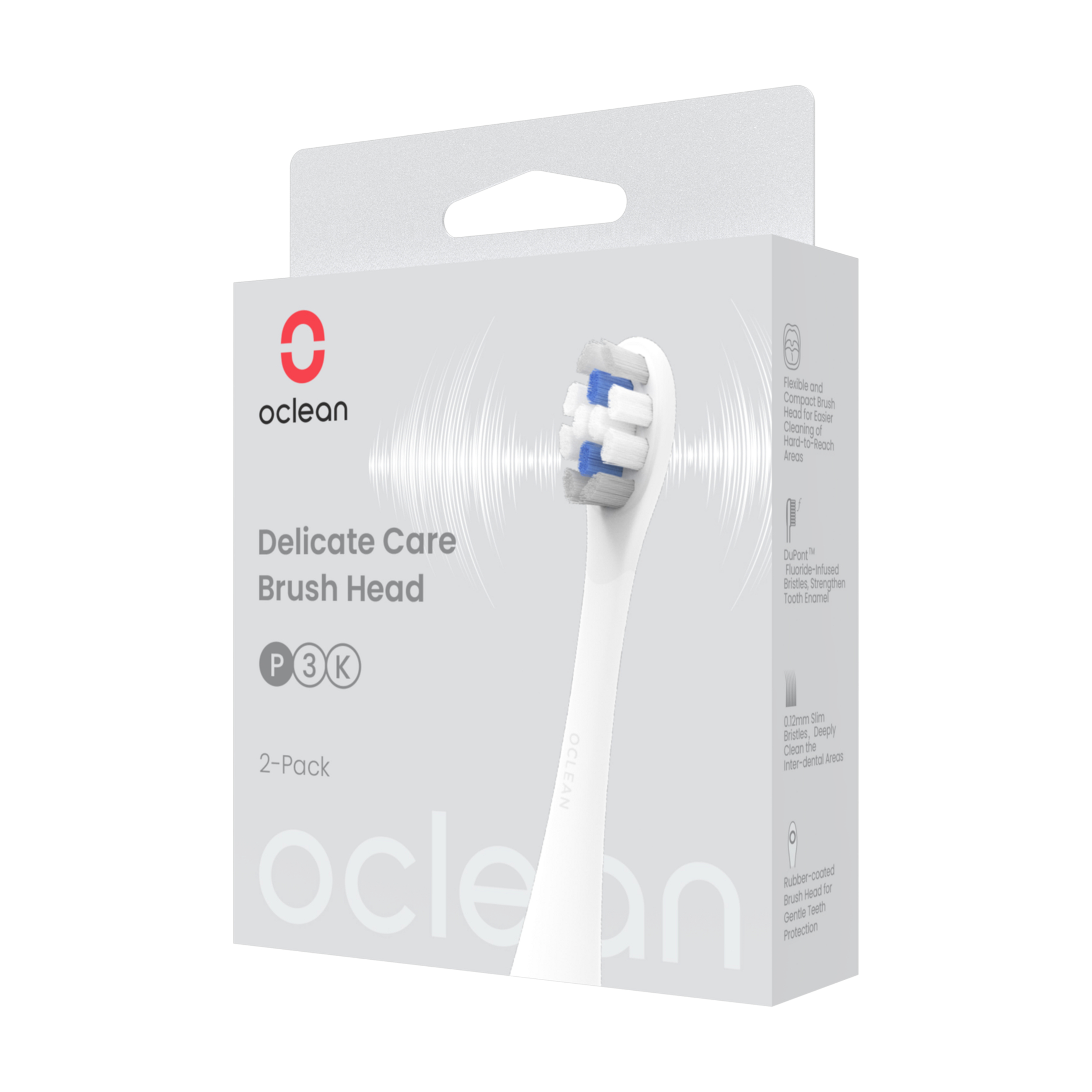 Oclean Delicate Care Bürstenkopf 2er-Pack-Verpackung mit Bürstenkopfdetails.