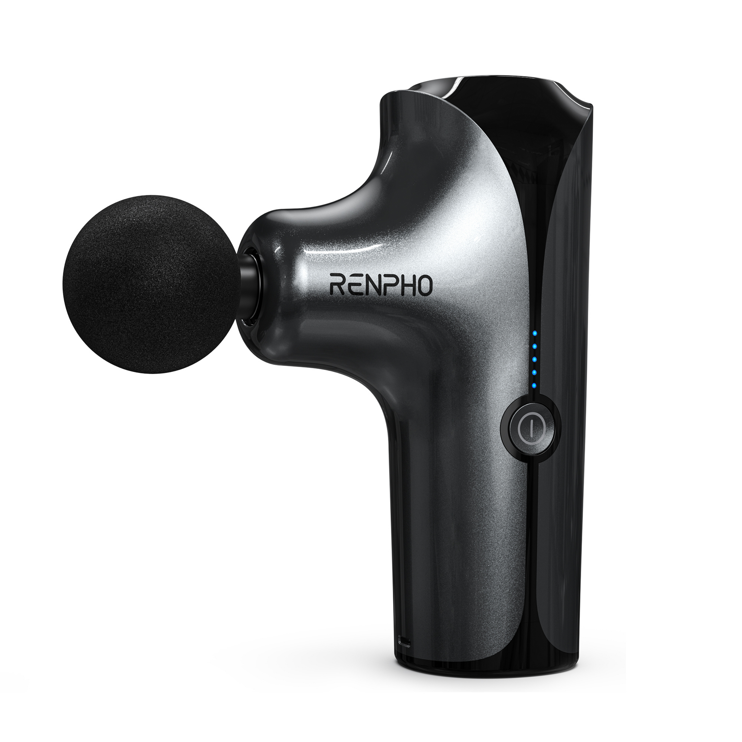 Pistola de masaje negra con accesorio redondo e indicadores LED azules.