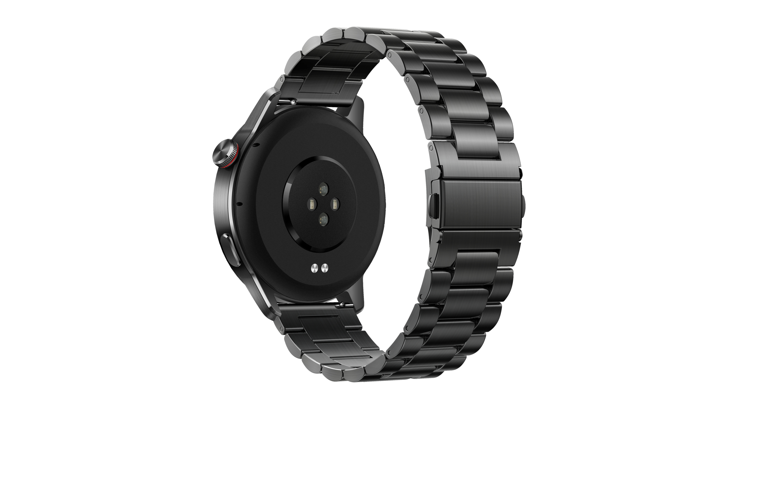 Tył czarnego smartwatcha z metalową bransoletą na białym tle.