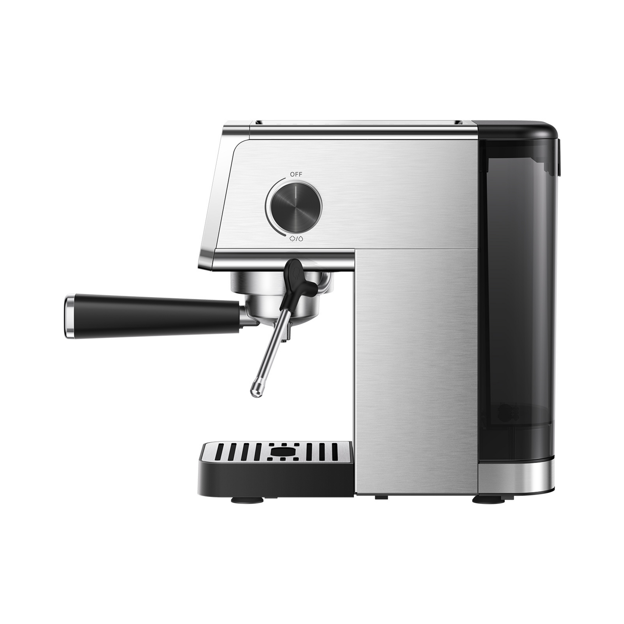 Srebrna maszyna do espresso z czarną rączką i zbiornikiem wody.