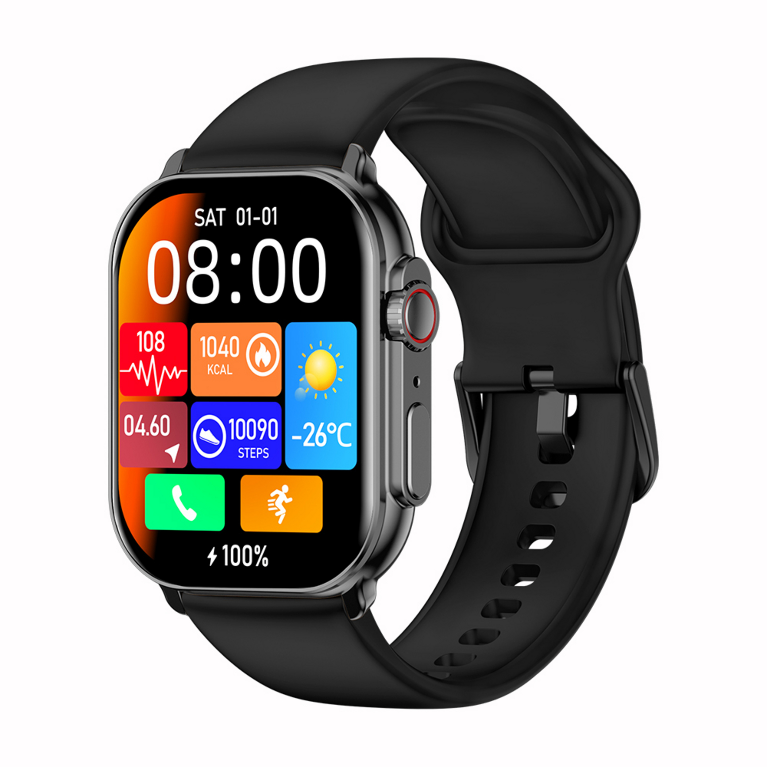 Schwarze Smartwatch mit detailliertem Zifferblatt: Uhrzeit, Herzfrequenz, Kalorien, Schritte, Wetter.