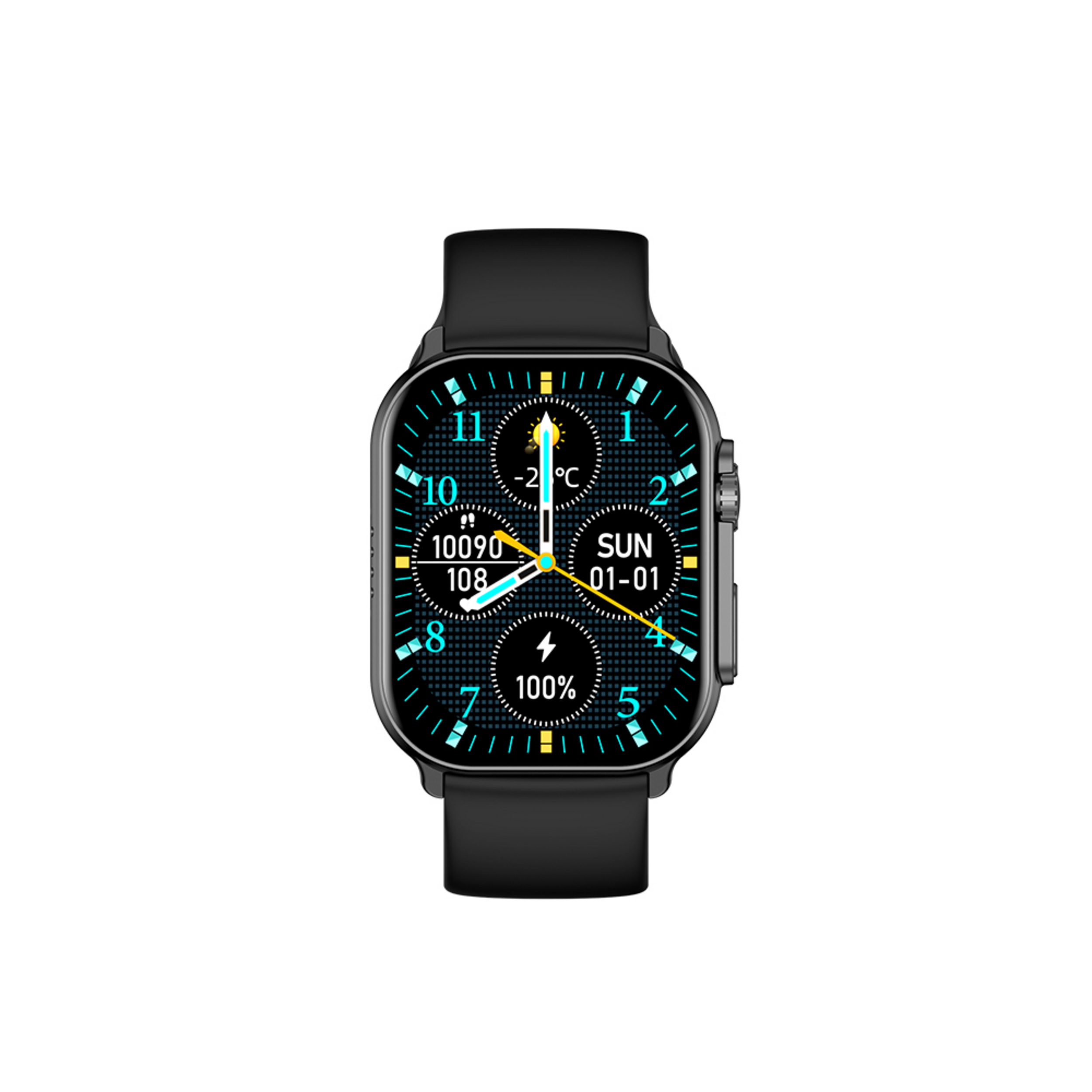 Schwarze Smartwatch mit blauem Zifferblatt, zeigt -2°C, 100% Akku.