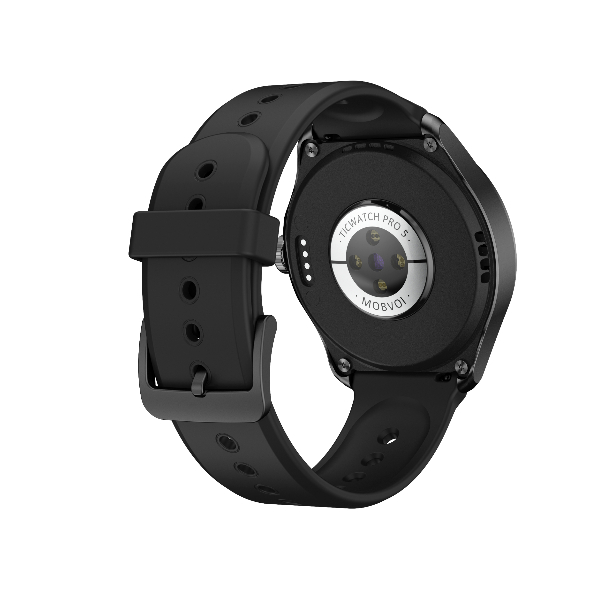 Rückseite einer schwarzen Smartwatch mit Metallschnalle und Herzfrequenzsensor.