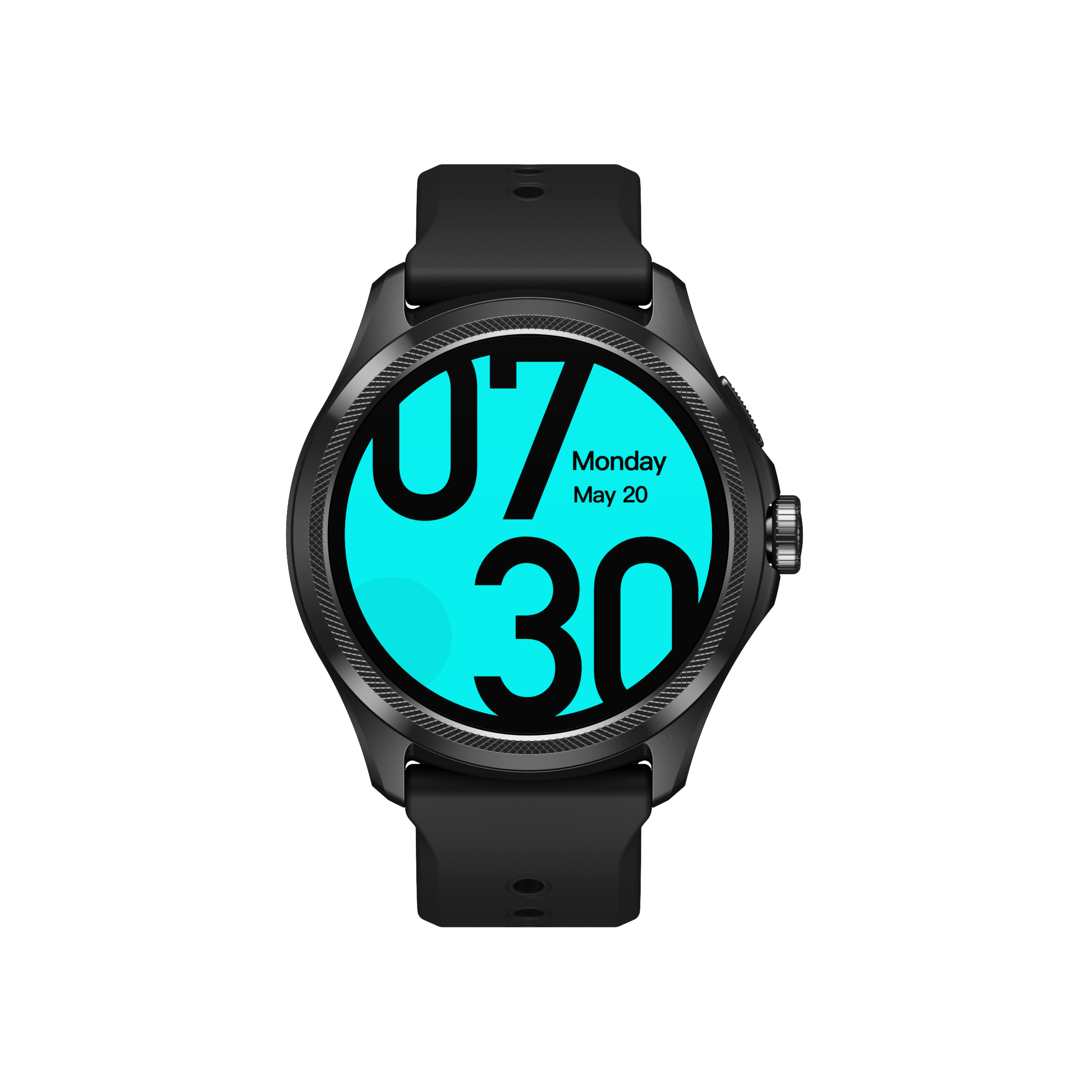 Eine schwarze Smartwatch mit blauem Zifferblatt zeigt 07:30 Uhr und Montag, 20. Mai an.