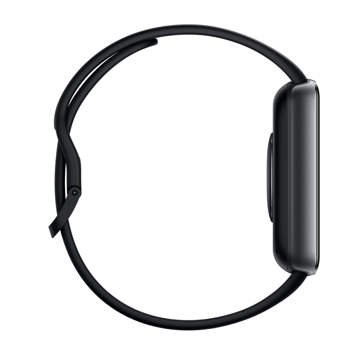 Reloj inteligente negro con pantalla rectangular y correa, vista lateral.