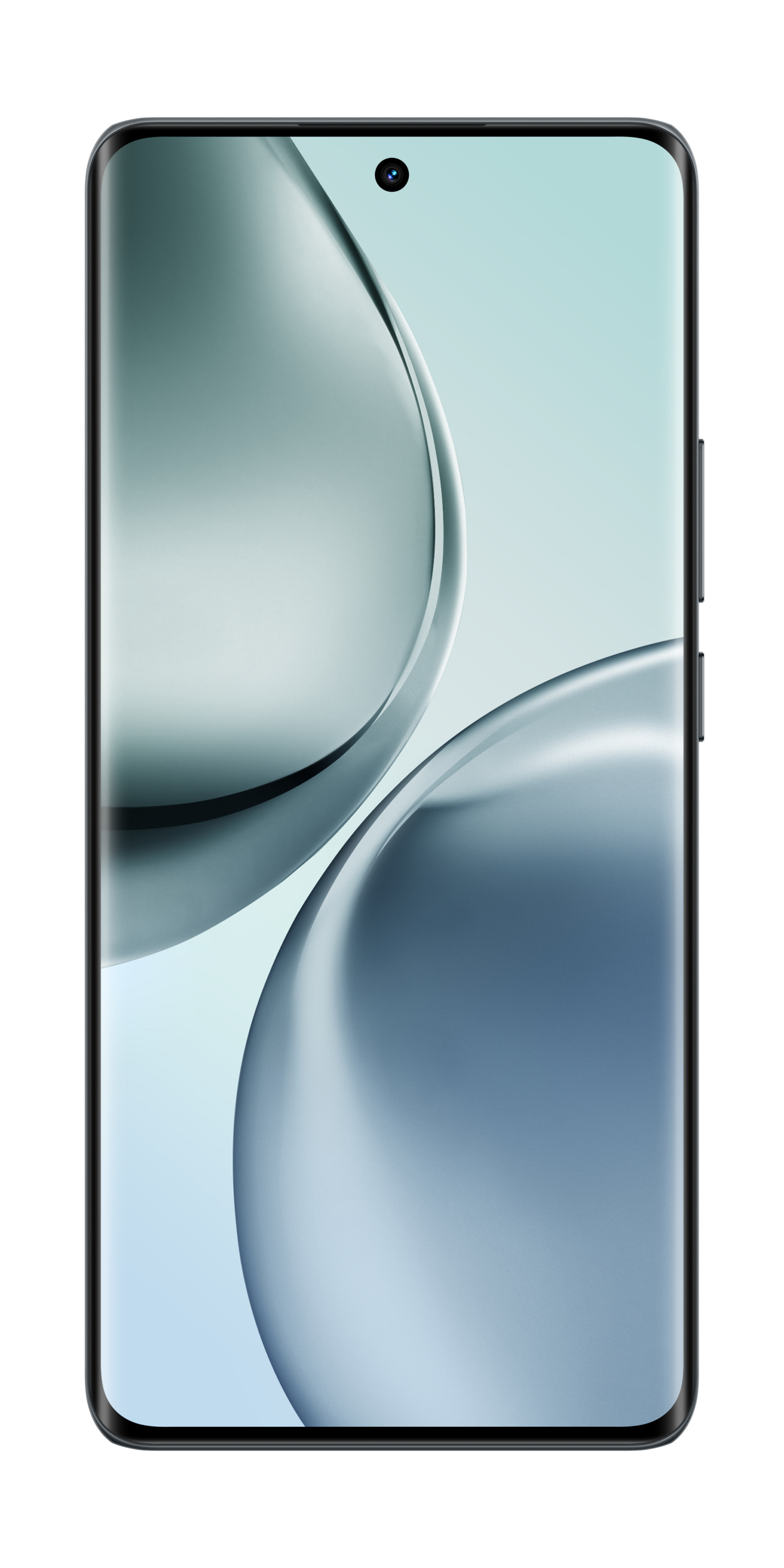 Smartfon z dużym ekranem wyświetla abstrakcyjną grafikę w odcieniach niebieskiego i zieleni.