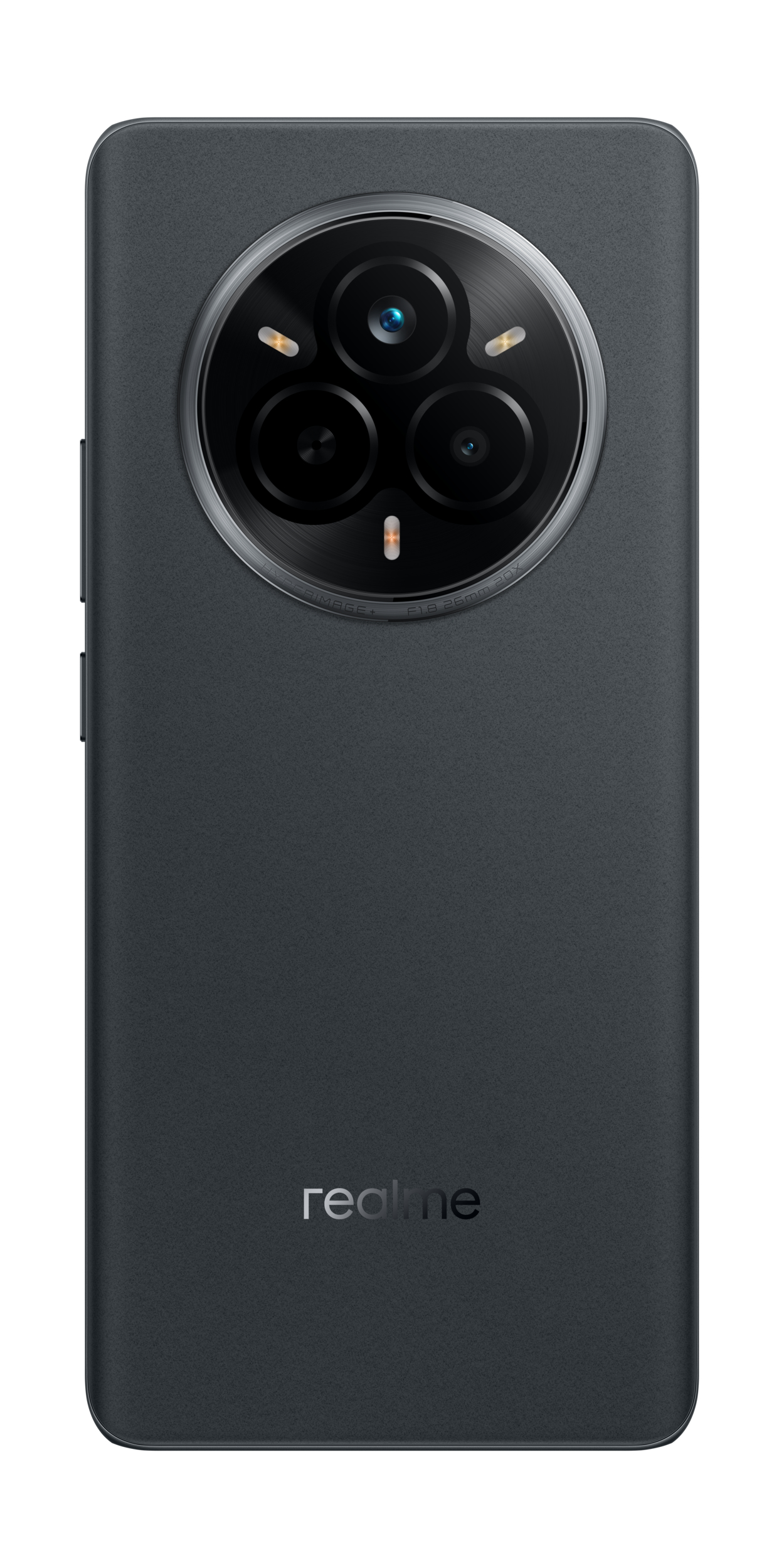 Tył ciemnego smartfona z okrągłym modułem aparatu i logo Realme.