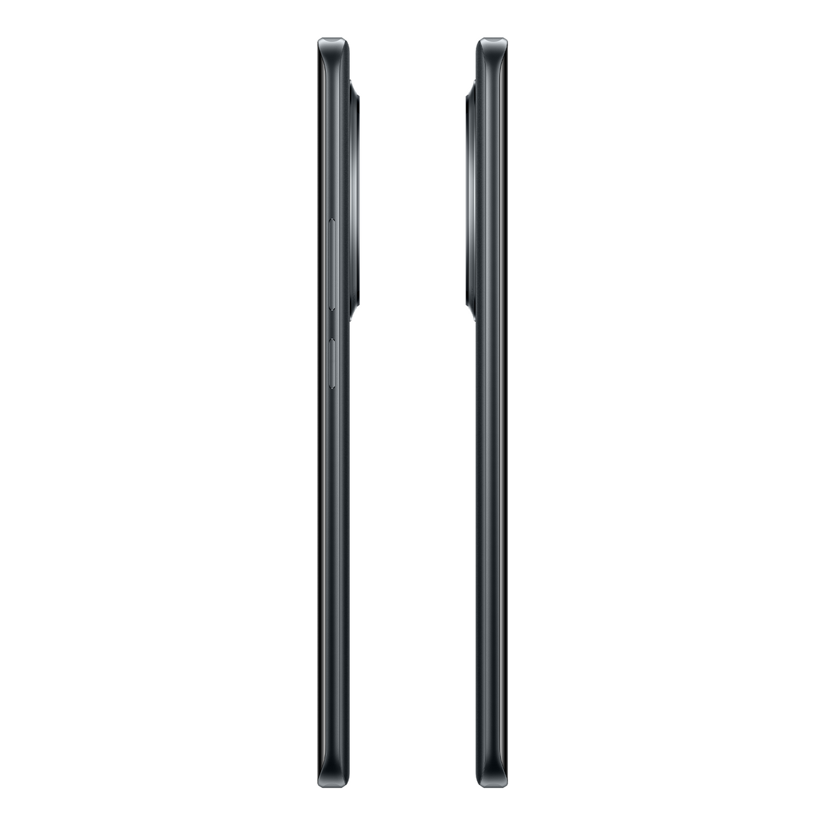 Dwa ciemne smartfony obok siebie na białym tle.