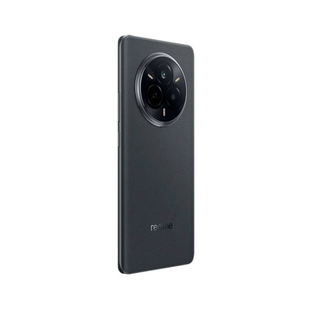 Ciemnoszary smartfon z potrójnym tylnym aparatem i logo Realme.