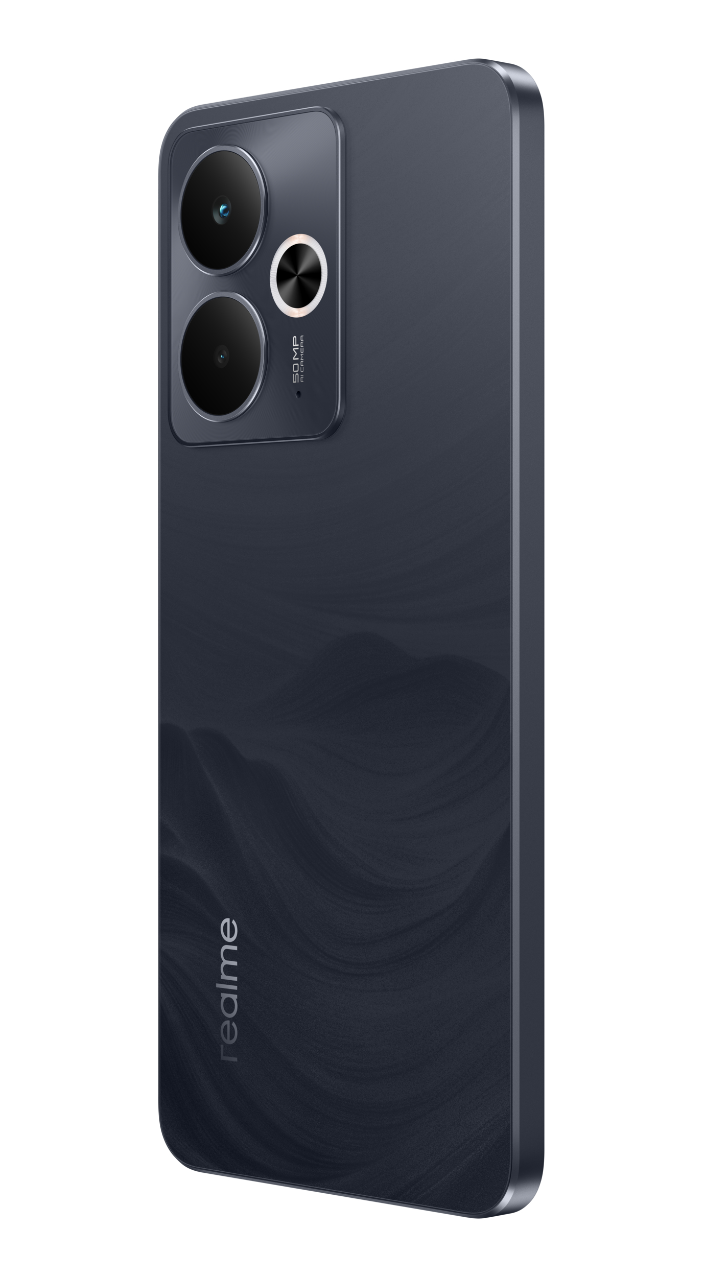 Donkergrijs smartphone met dubbele camera en Realme-logo op de achterkant.