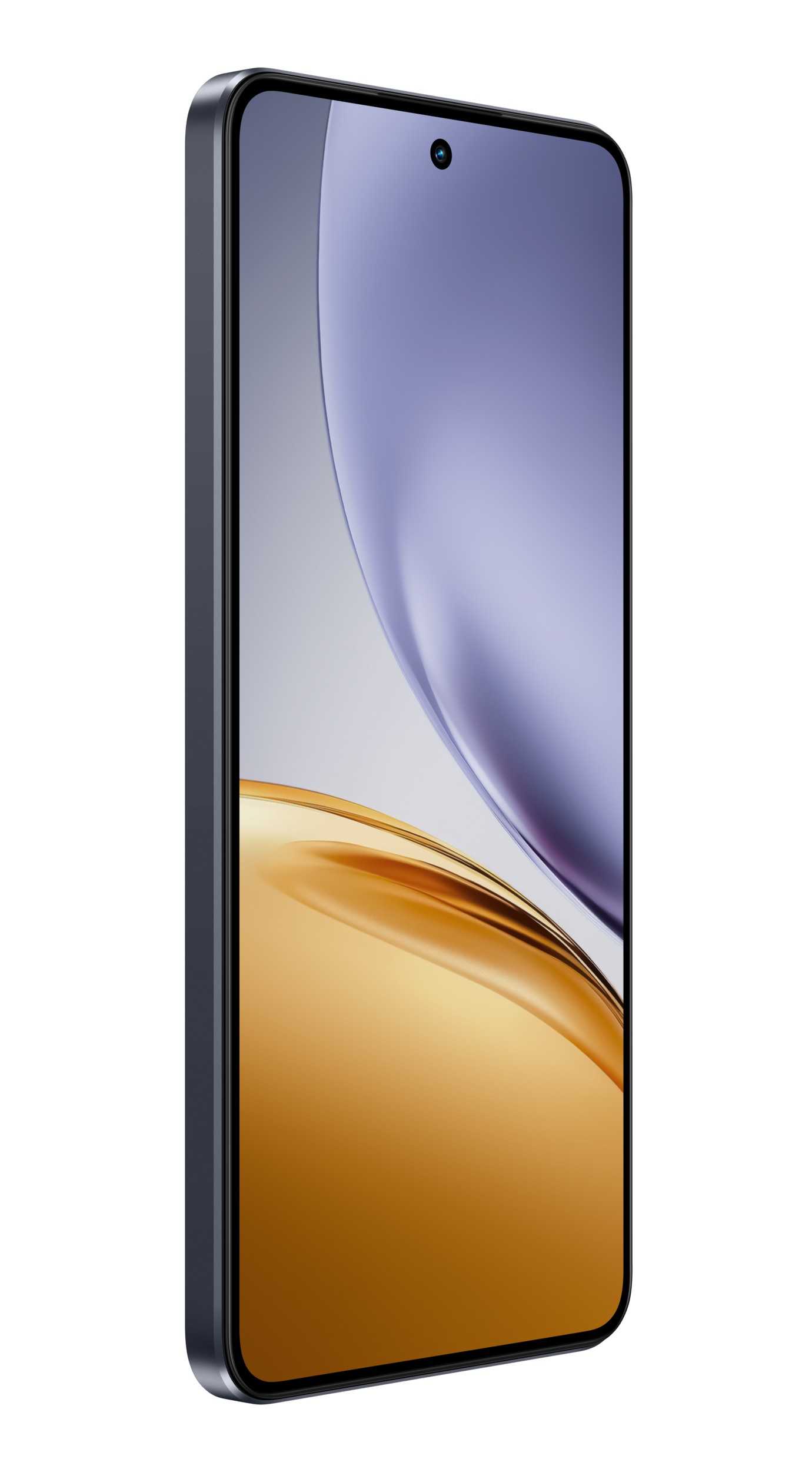 Een donkere smartphone met een vloeibare goud-paarse screensaver.