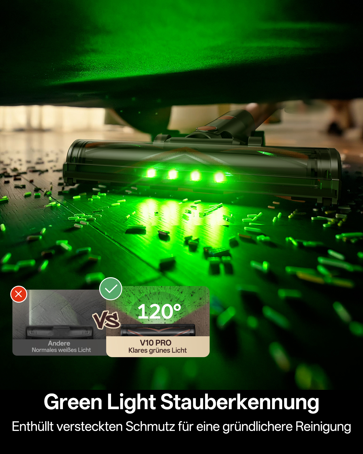 Staubsaugerbürste mit grünen LEDs beleuchtet Schmutz auf dem Boden.